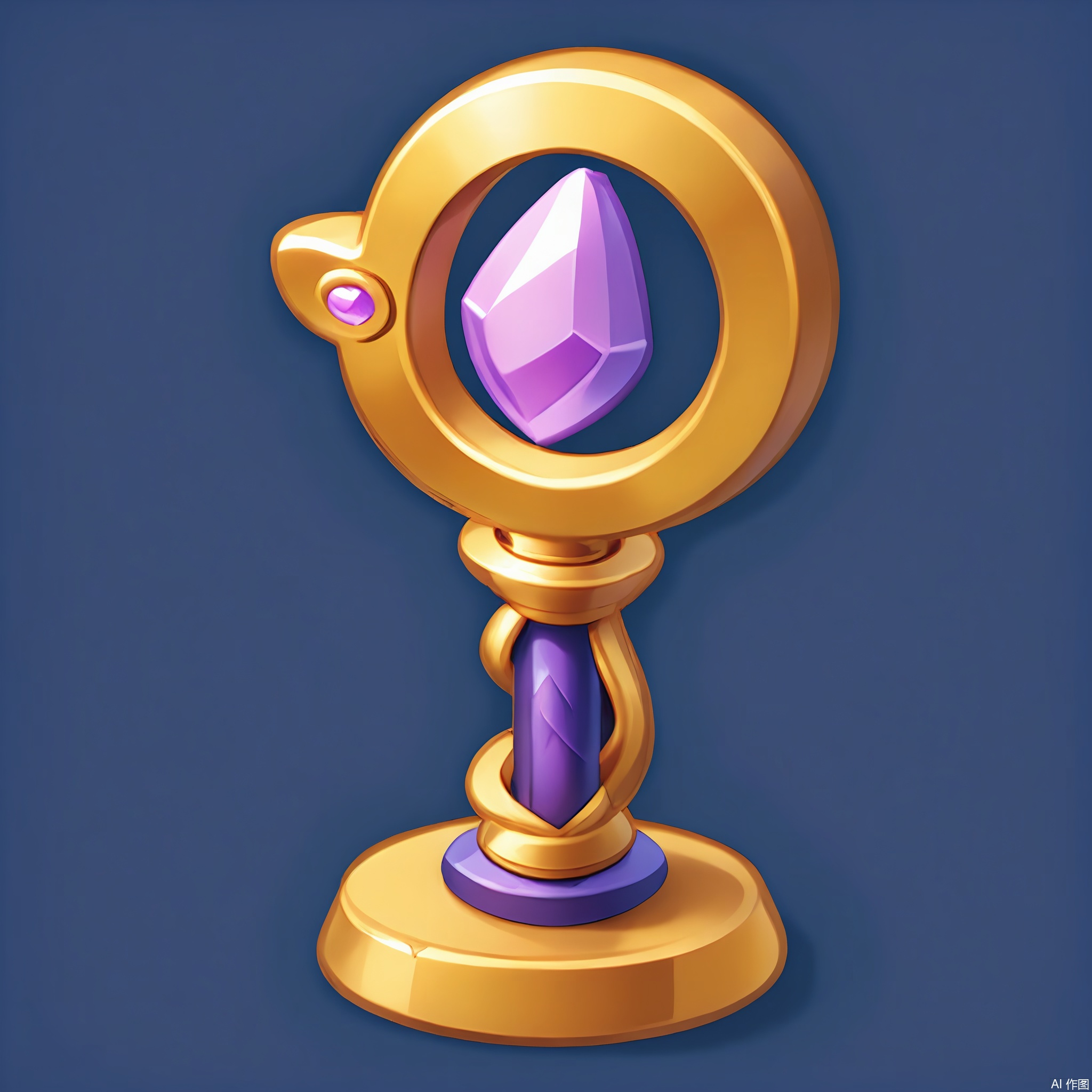 TBDJ, A lively, digital illustration of a glowing, magical staff with a swirling, purple crystal at the top. The staff has intricate gold carvings along its length and a small, ornate base. The background is a simple, deep navy blue.
