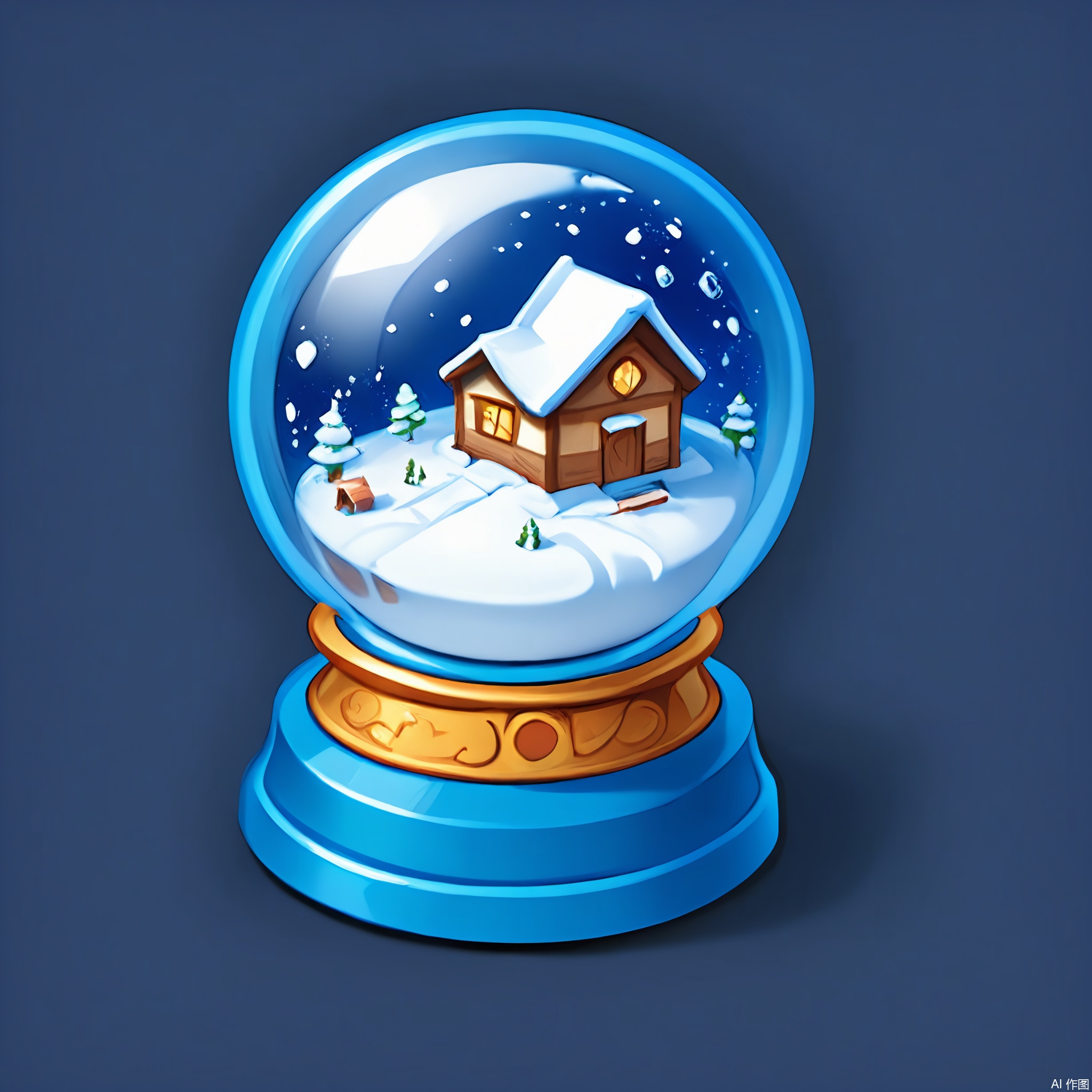 TBDJ, A whimsical, digital illustration of a fluffy, white snow globe with a tiny, snow-covered village inside. The globe has a golden base. The background is a simple, dark blue.
