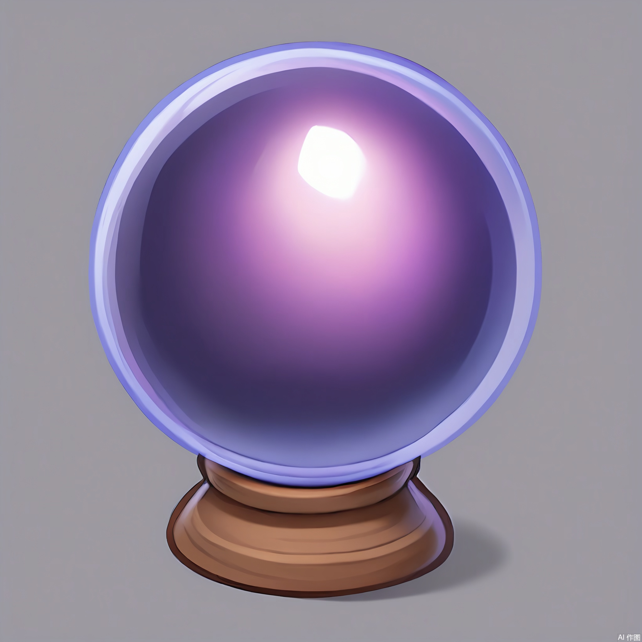 TBDJ, A whimsical, digital illustration of a glowing, purple crystal ball with swirling mist inside. The ball sits on a small, wooden stand. The background is a simple, dark gray.
