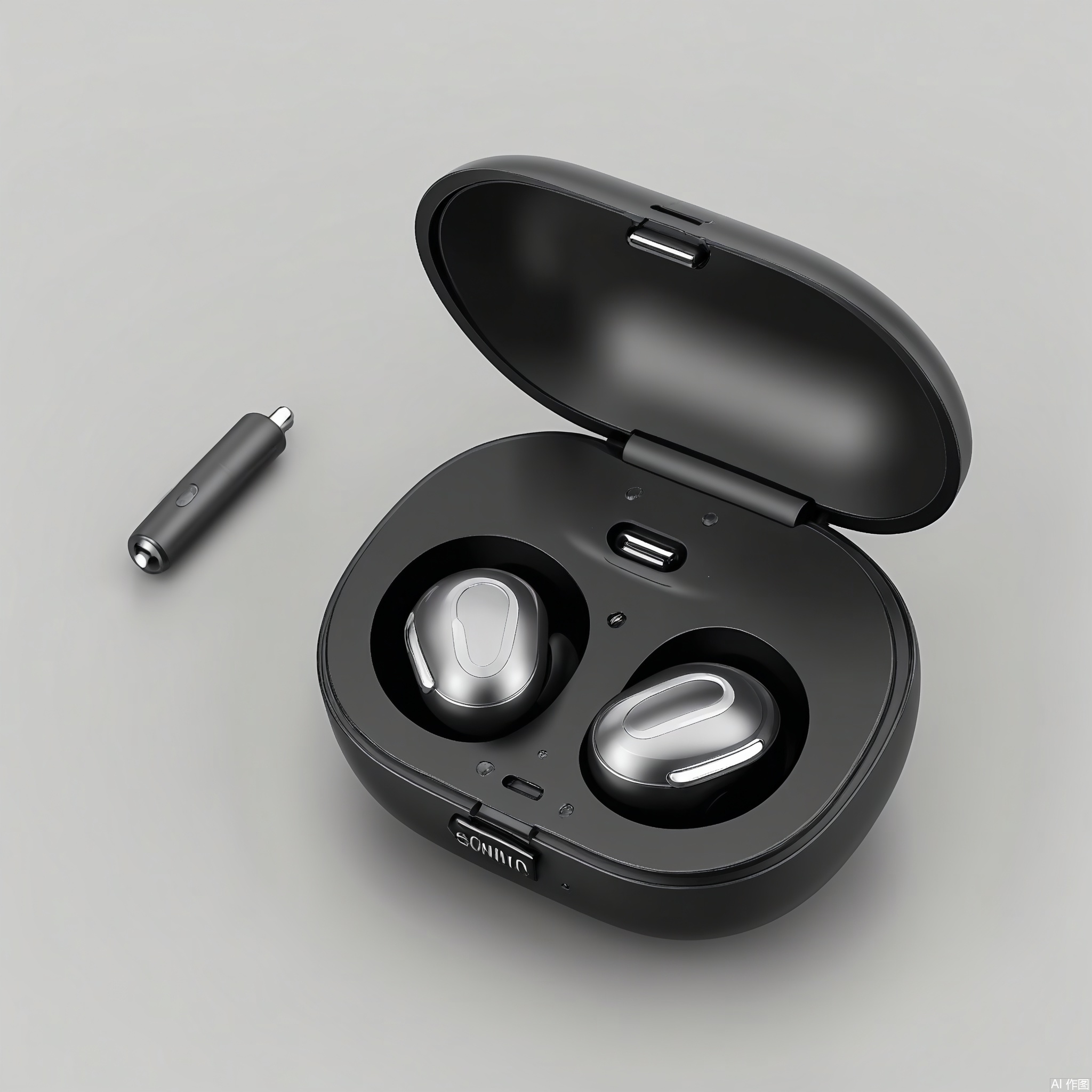 DSCP, Photograph of a high-end wireless earbuds, a sleek black charging case with a matte finish, labeled "SONIQ" in silver letters. The earbuds inside are glossy black, and the case has a small LED indicator light. The background is a solid gray, drawing attention to the product. The design is minimalist with clean lines. The lighting is even, showcasing the earbuds' sleekness.

