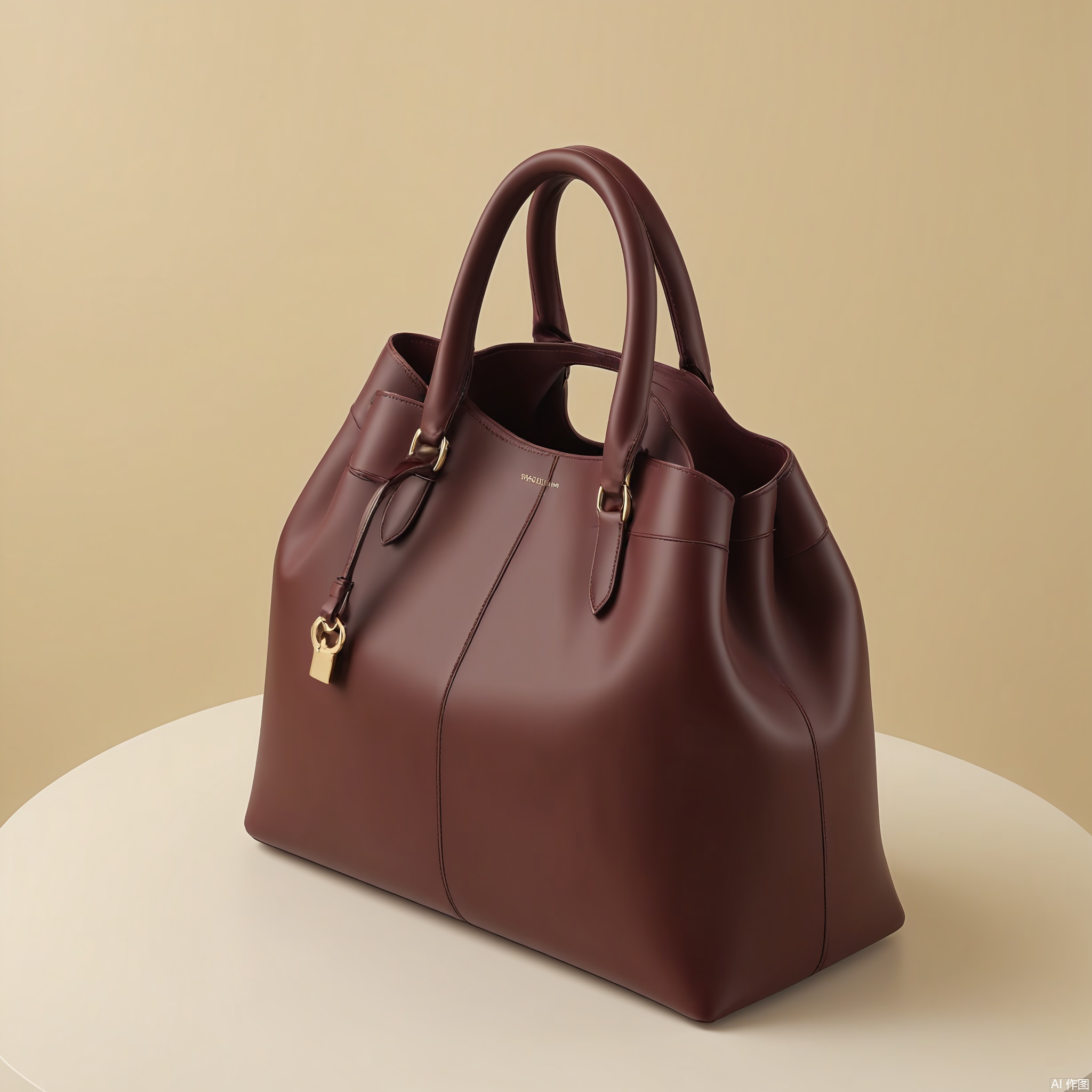 DSCP, Photograph of a designer handbag, a medium-sized tote in a rich burgundy leather, with gold hardware and a detachable shoulder strap. The interior is lined with a soft fabric and has multiple compartments. The background is a pale yellow, making the handbag the focal point. The design is chic and timeless. The lighting is soft, highlighting the leather's texture.

