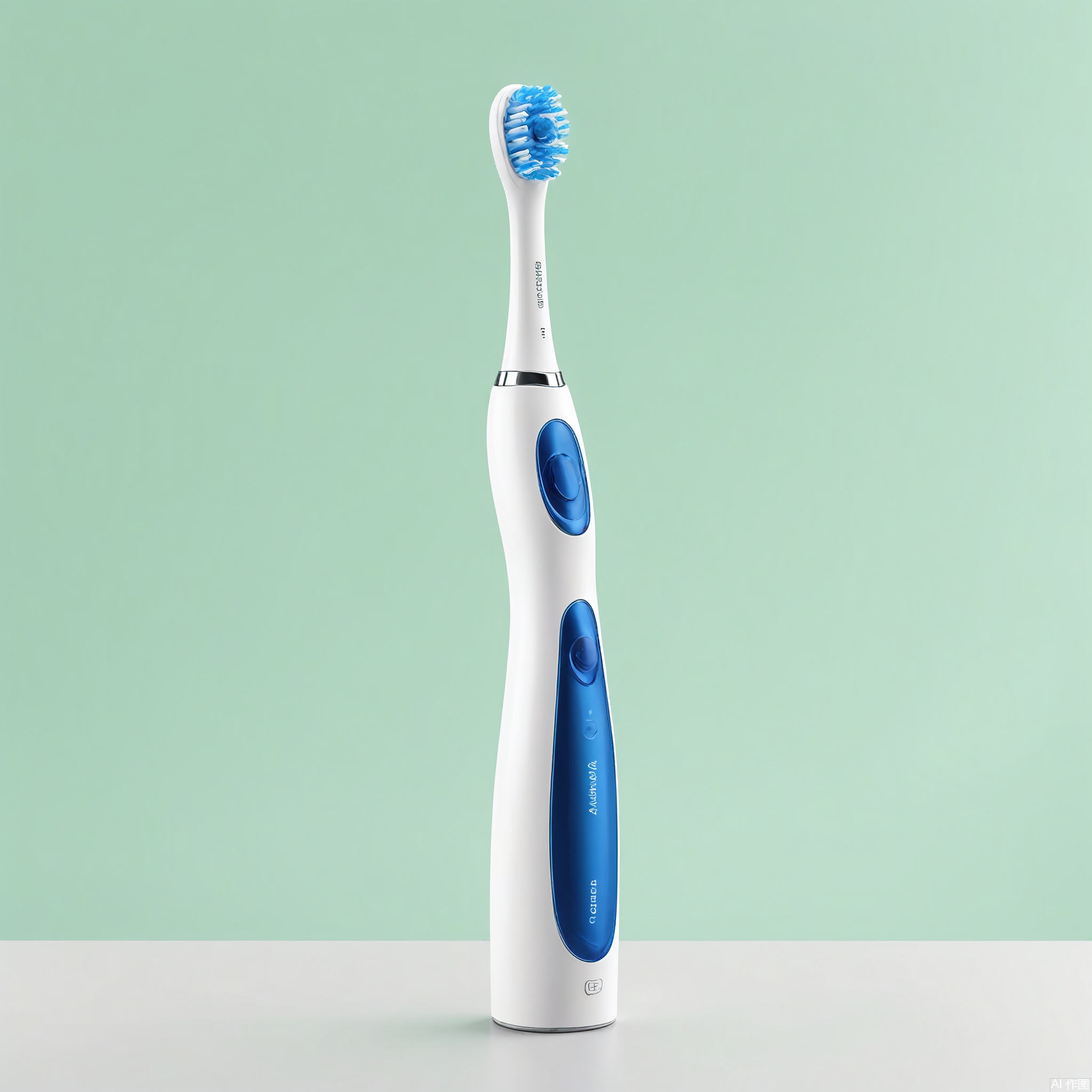 DSCP, Photograph of a state-of-the-art electric toothbrush, a white body with a blue bristle head, featuring multiple cleaning modes and a pressure sensor. The handle is slim and easy to grip. The background is a light mint green, creating a fresh and clean look. The design is modern and user-friendly. The lighting is focused, showing the toothbrush's details.

