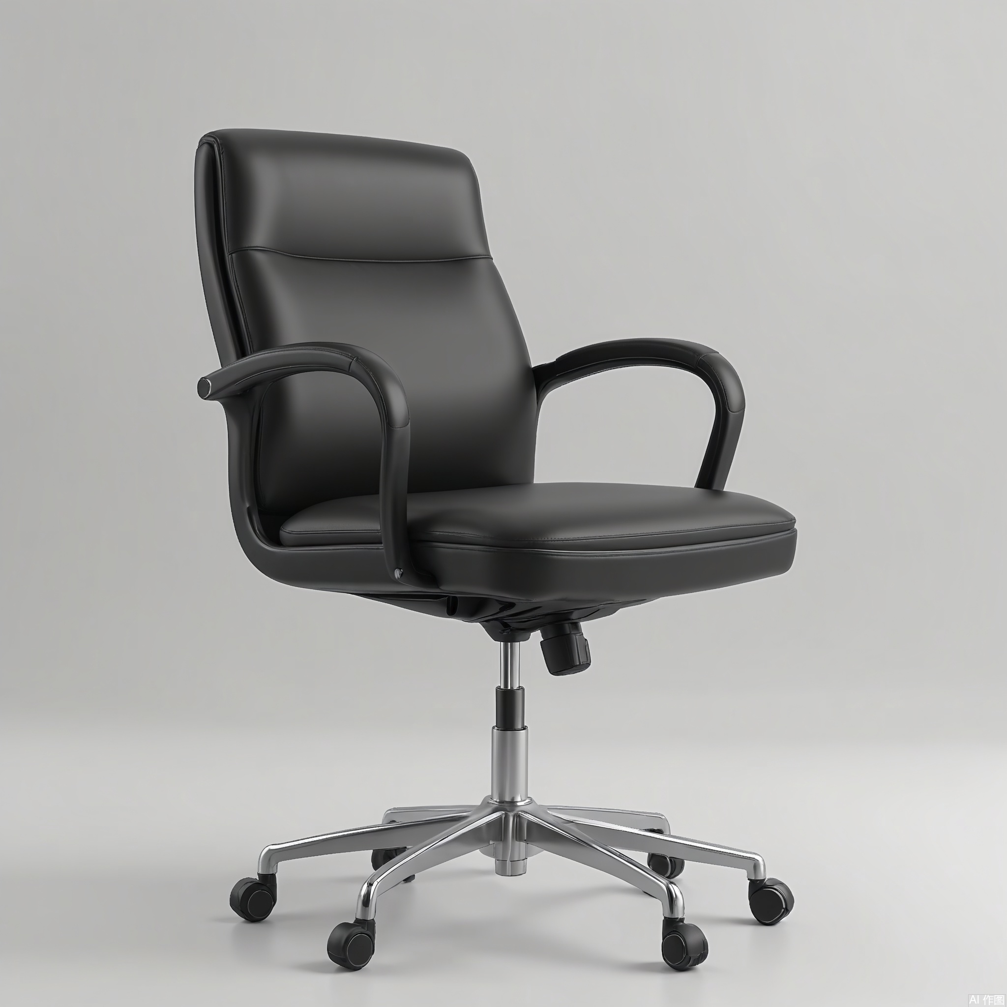 DSCP, Photograph of a modern office chair, a black leather chair with adjustable armrests and a swivel base. The chair has a sleek and ergonomic design. The background is a light gray, emphasizing the chair's professional look. The lighting is even, showing the chair's quality.

