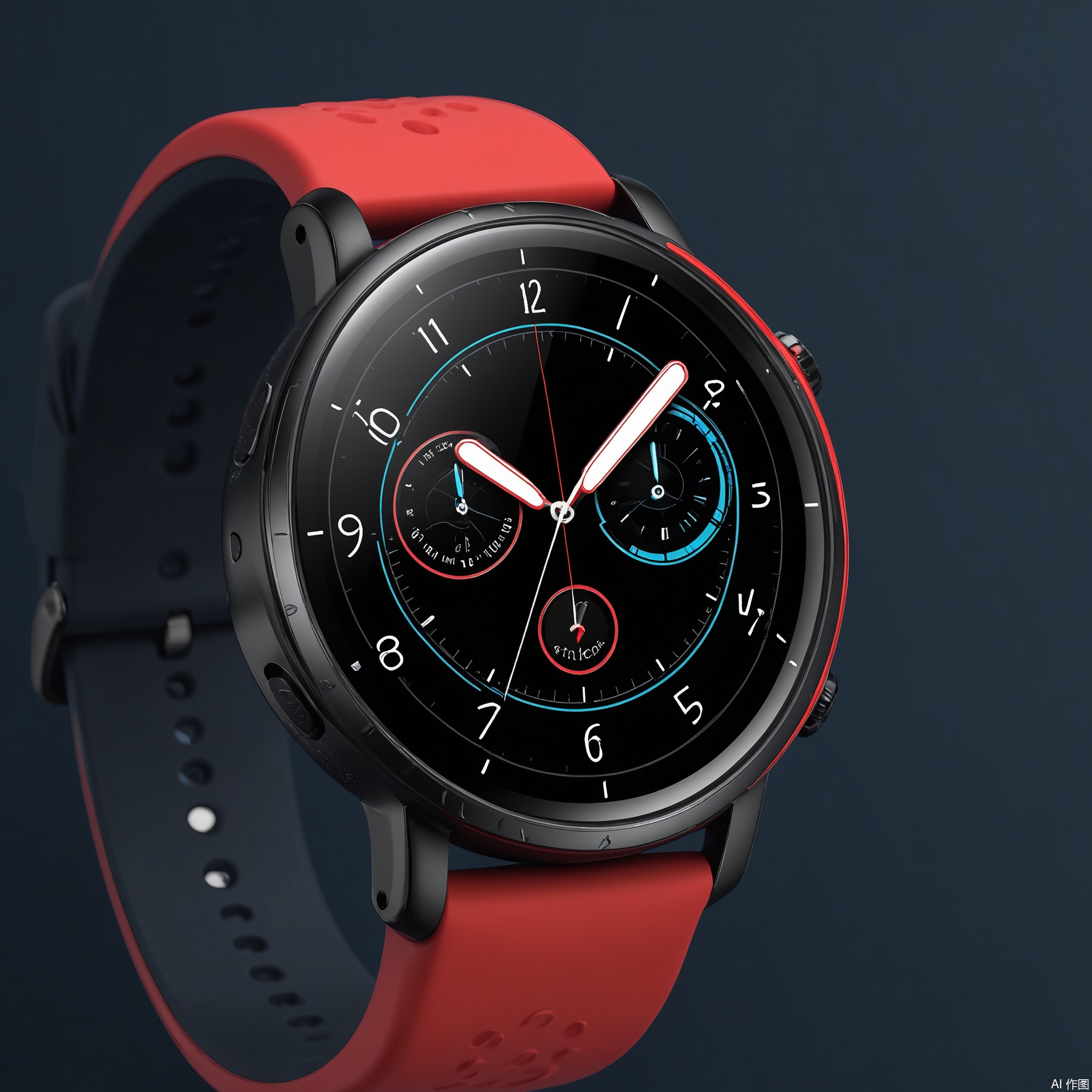 DSCP, Photograph of a stylish smartwatch, a round face with a black bezel and a silicone strap in a vibrant red. The display shows the time and various health metrics. The background is a deep navy blue, enhancing the watch's visibility. The design is sporty yet elegant. The lighting is bright, emphasizing the watch's details.

