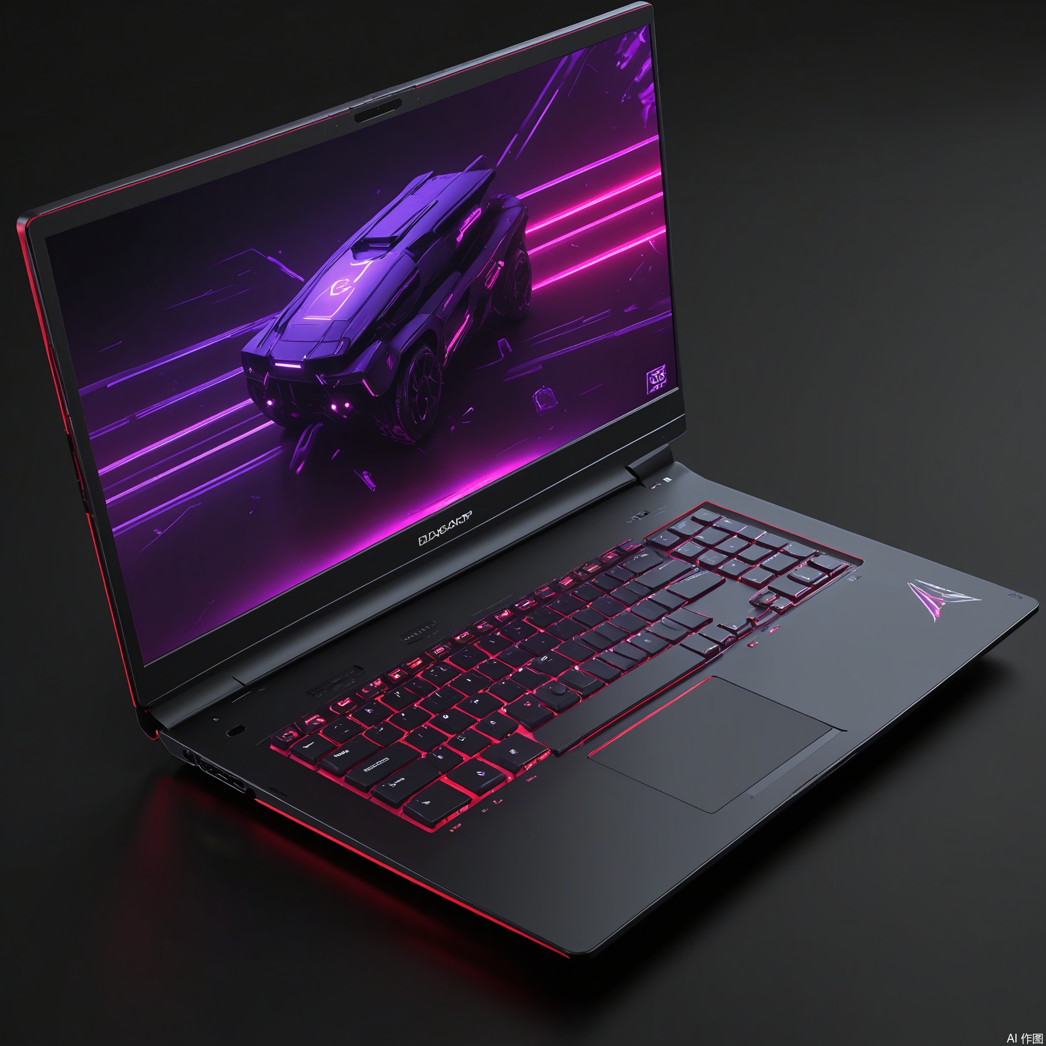 DSCP, Photograph of a high-performance gaming laptop, a black chassis with a red backlit keyboard and a large display. The laptop has a sleek design with sharp edges. The background is a dark purple, enhancing the laptop's gaming aesthetic. The lighting is dramatic, showing the laptop's features.

