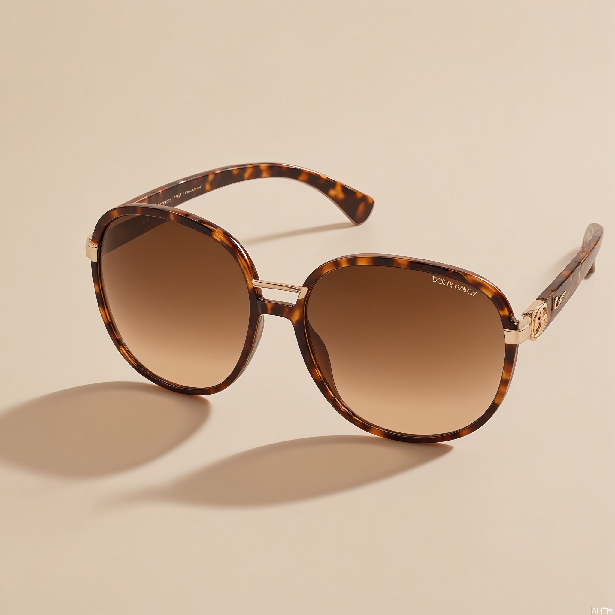 DSCP, Photograph of a set of designer sunglasses, a pair of oversized, tortoiseshell frames with brown lenses. The arms have a gold logo. The background is a light peach, making the sunglasses stand out. The design is fashionable and trendy. The lighting is soft, highlighting the frames' texture.

