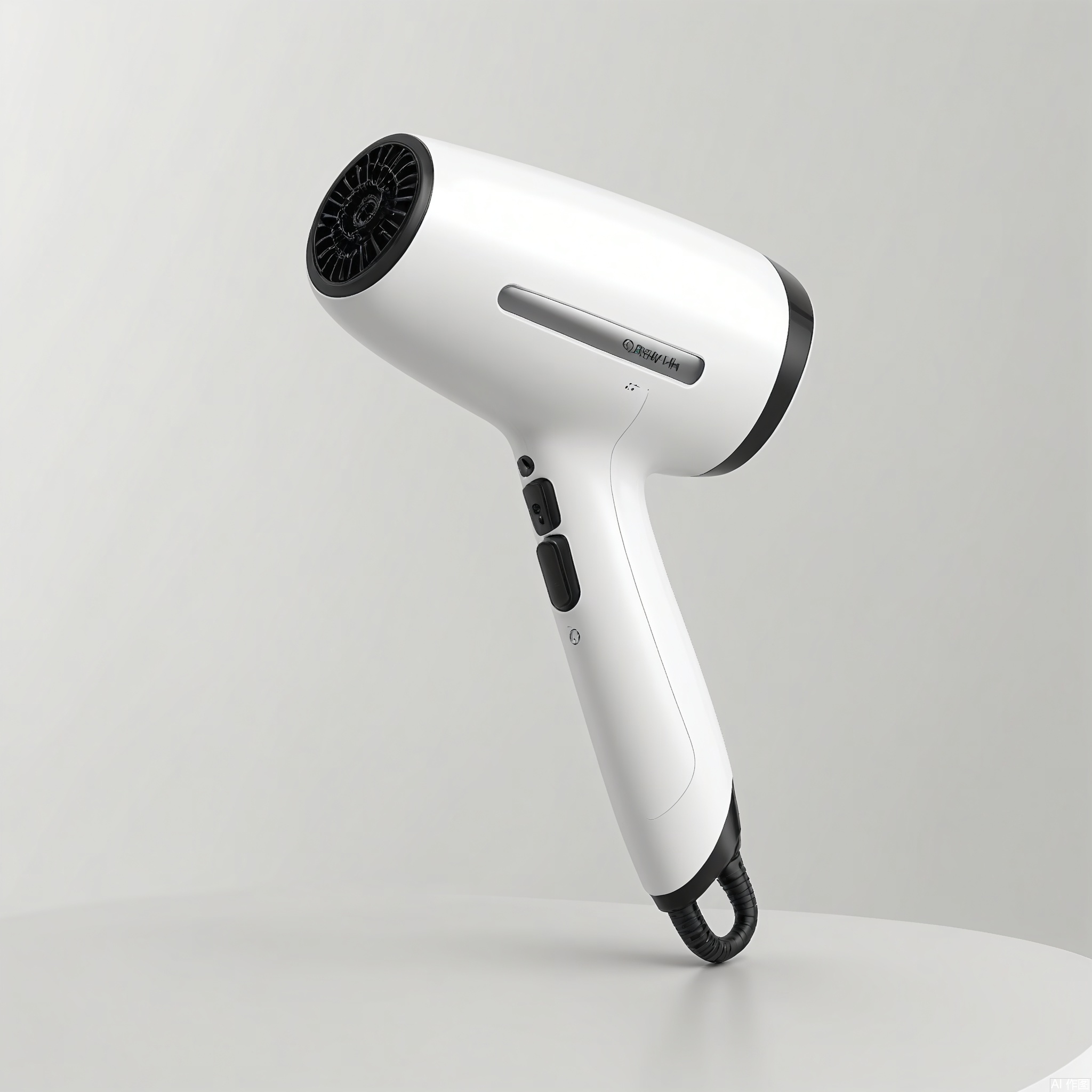 DSCP, Photograph of a professional-grade hairdryer, a sleek white body with a black nozzle, featuring multiple heat and speed settings. The handle is ergonomic and comfortable to hold. The background is a light gray, allowing the hairdryer to take center stage. The design is modern and efficient. The lighting is focused, showing the product's quality.

