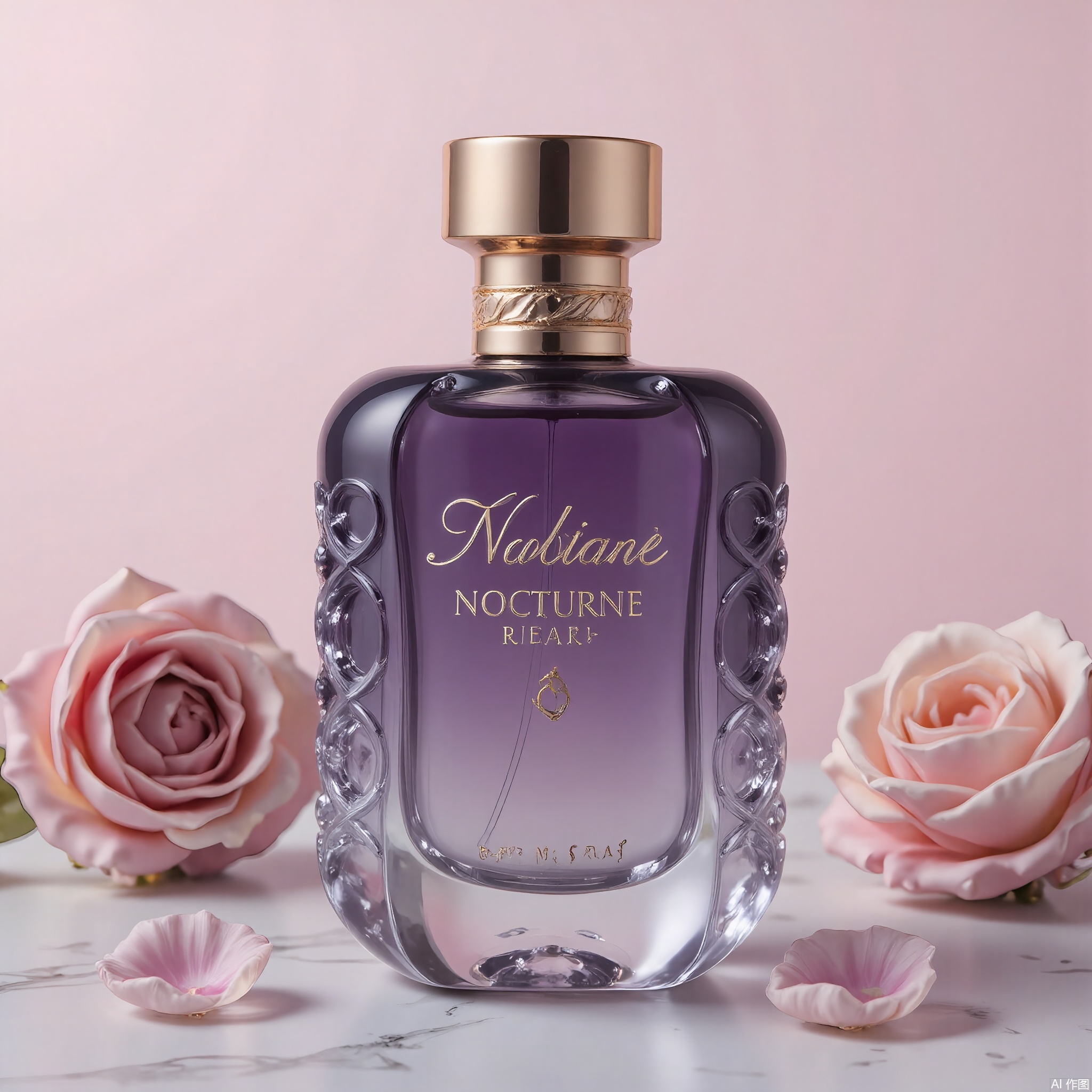 DSCP, Photograph of a luxury perfume bottle, a tall glass flacon with a gold stopper, labeled "NOCTURNE" in elegant script. The liquid inside is a deep purple hue. The background is a soft pink, creating a romantic atmosphere. The bottle has intricate details on the glass. The lighting is diffused, highlighting the perfume's allure.

