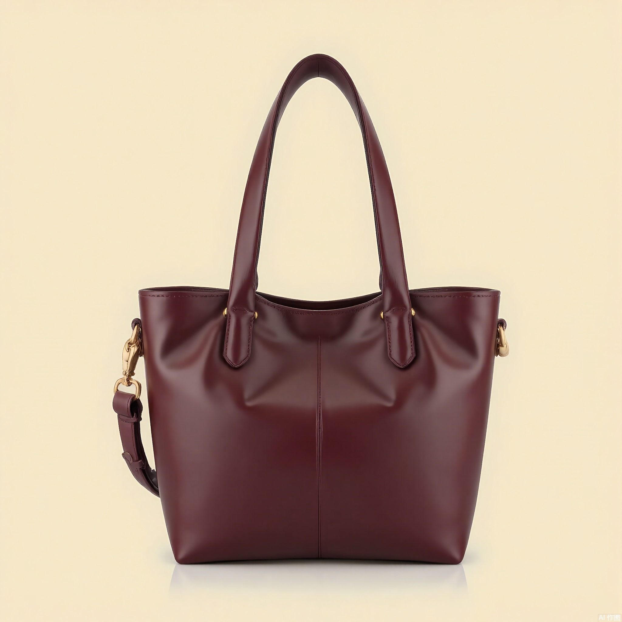 DSCP, Photograph of a designer handbag, a medium-sized tote in a rich burgundy leather, with gold hardware and a detachable shoulder strap. The interior is lined with a soft fabric and has multiple compartments. The background is a pale yellow, making the handbag the focal point. The design is chic and timeless. The lighting is soft, highlighting the leather's texture.

