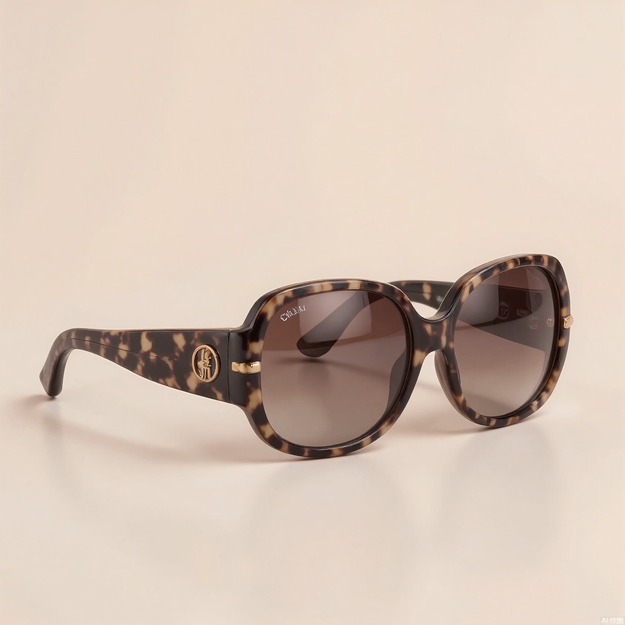 DSCP, Photograph of a set of designer sunglasses, a pair of oversized, tortoiseshell frames with brown lenses. The arms have a gold logo. The background is a light peach, making the sunglasses stand out. The design is fashionable and trendy. The lighting is soft, highlighting the frames' texture.

