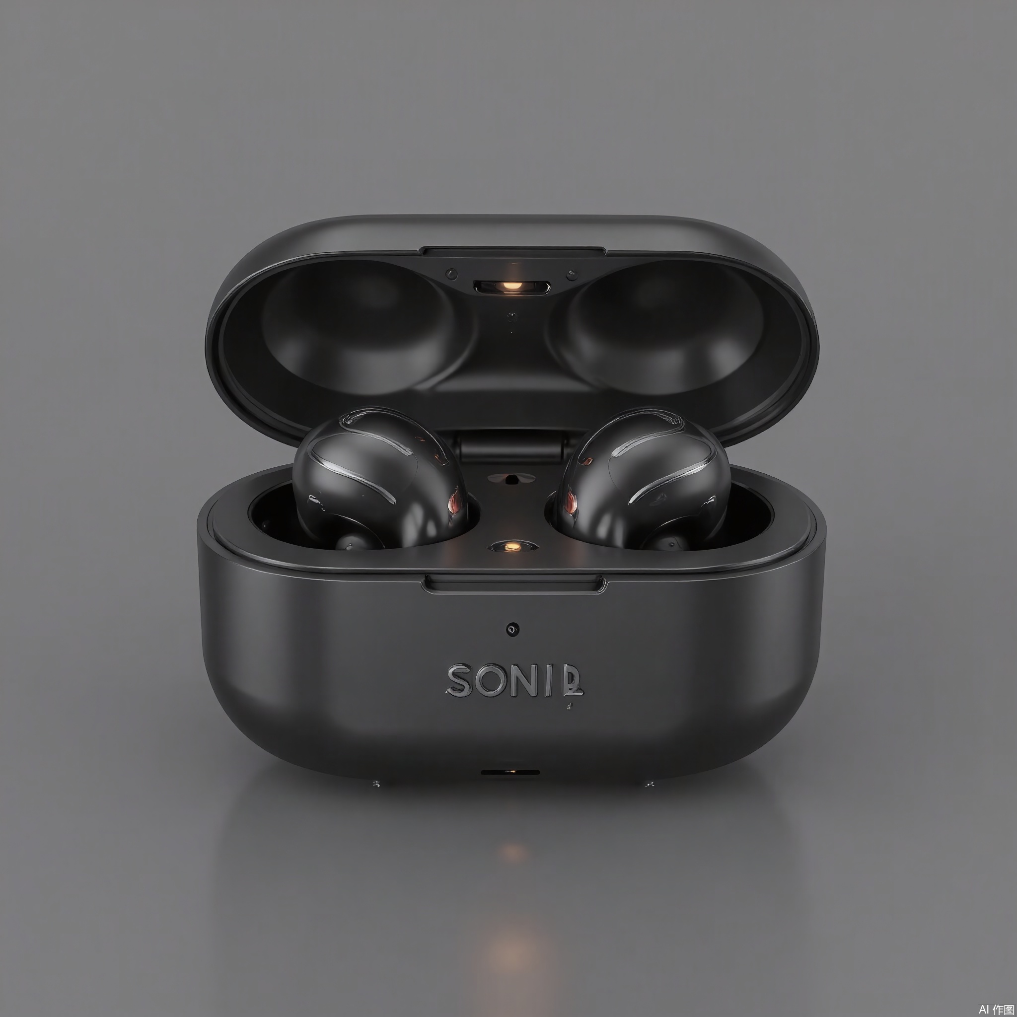 DSCP, Photograph of a high-end wireless earbuds, a sleek black charging case with a matte finish, labeled "SONIQ" in silver letters. The earbuds inside are glossy black, and the case has a small LED indicator light. The background is a solid gray, drawing attention to the product. The design is minimalist with clean lines. The lighting is even, showcasing the earbuds' sleekness.

