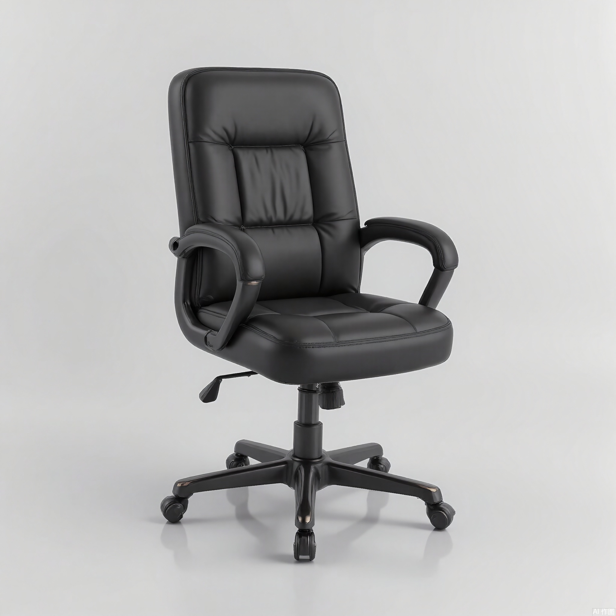 DSCP, Photograph of a modern office chair, a black leather chair with adjustable armrests and a swivel base. The chair has a sleek and ergonomic design. The background is a light gray, emphasizing the chair's professional look. The lighting is even, showing the chair's quality.

