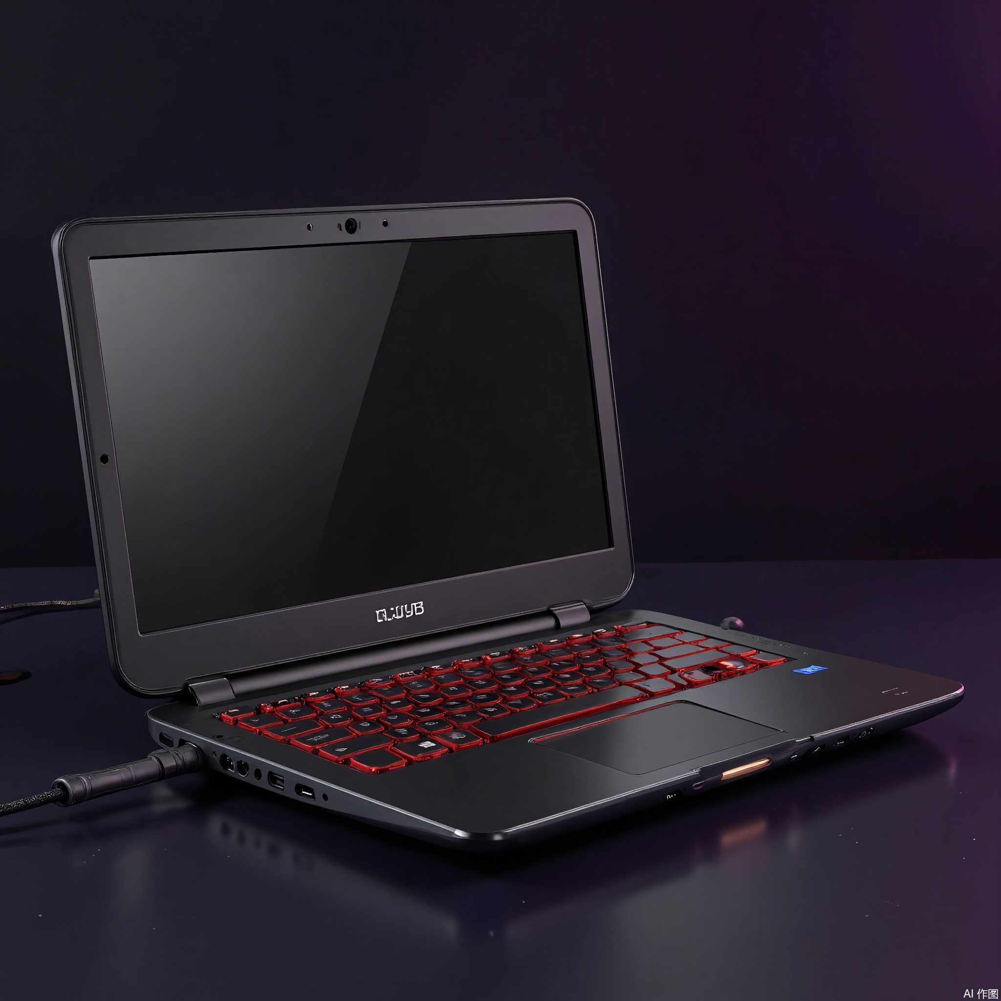 DSCP, Photograph of a high-performance gaming laptop, a black chassis with a red backlit keyboard and a large display. The laptop has a sleek design with sharp edges. The background is a dark purple, enhancing the laptop's gaming aesthetic. The lighting is dramatic, showing the laptop's features.

