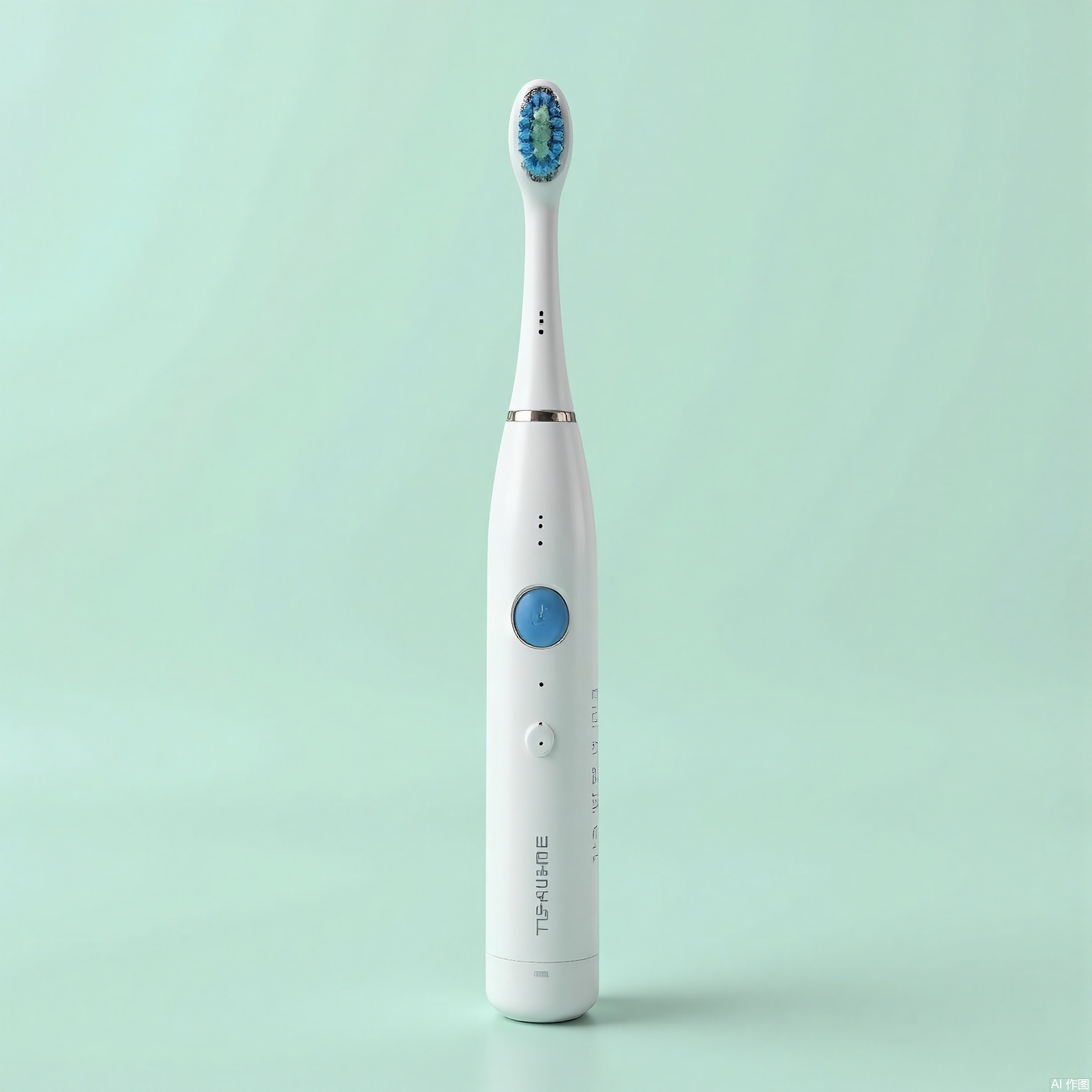 DSCP, Photograph of a state-of-the-art electric toothbrush, a white body with a blue bristle head, featuring multiple cleaning modes and a pressure sensor. The handle is slim and easy to grip. The background is a light mint green, creating a fresh and clean look. The design is modern and user-friendly. The lighting is focused, showing the toothbrush's details.

