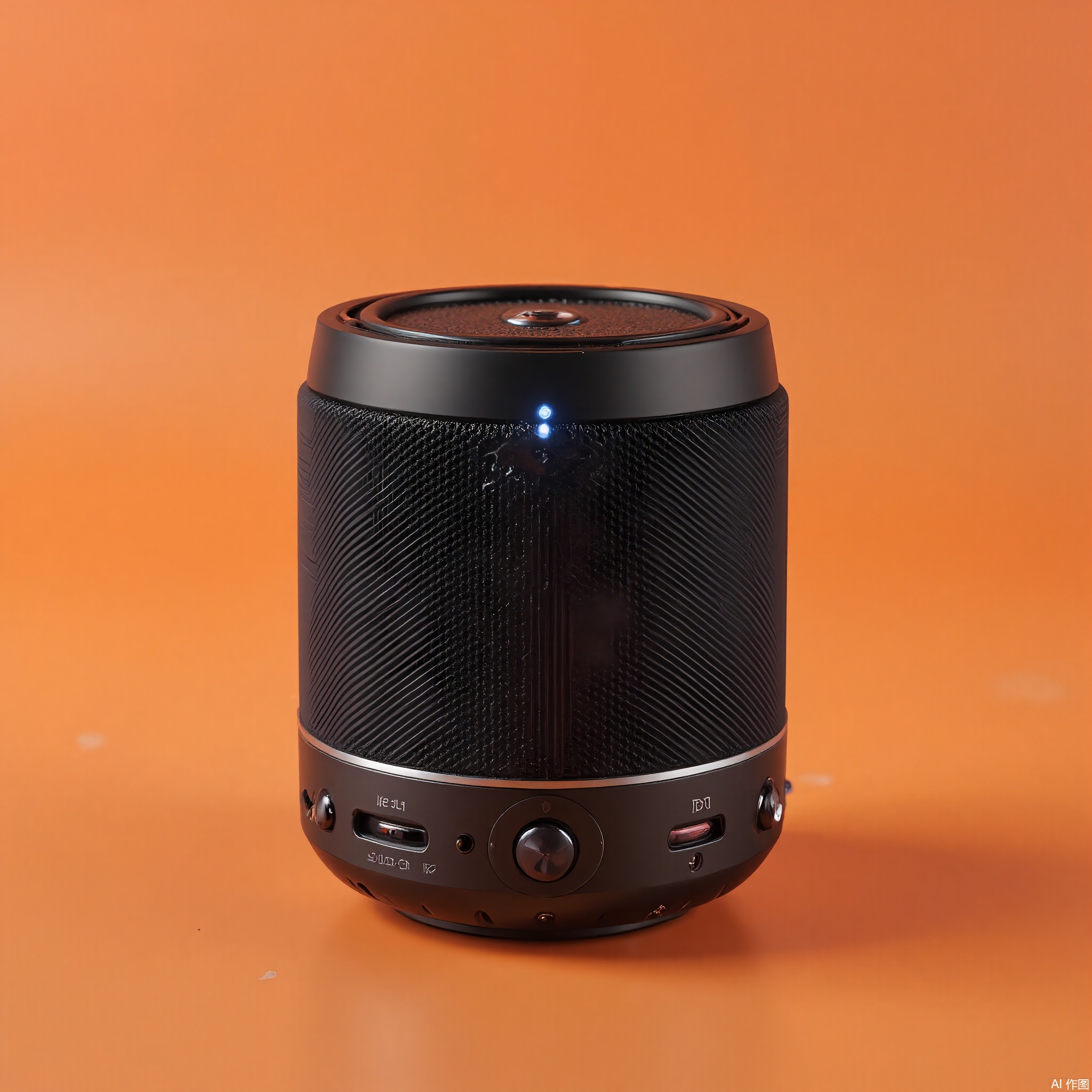 DSCP, Photograph of a portable Bluetooth speaker, a cylindrical shape with a black mesh covering and a rubberized base. The controls are on the top, and there's a small LED indicator. The background is a bright orange, making the speaker stand out. The design is compact and durable. The lighting is dynamic, highlighting the speaker's features.

