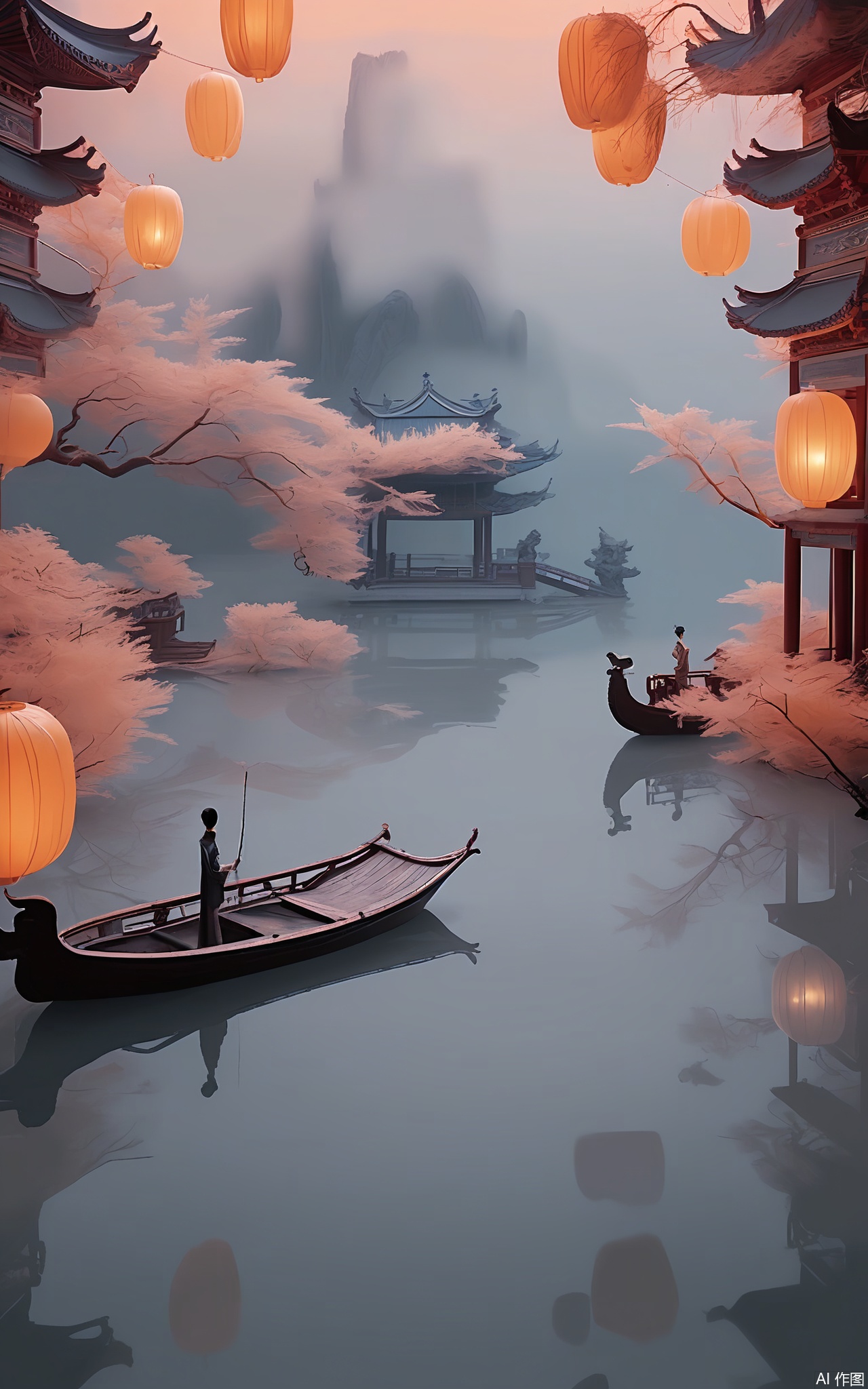 GFXJ, A photograph of a serene Chinese willow - shaded lake at dusk, featuring an elegant, ornate boat with blue and gold decorations. The boat floats on the calm lake, with willow branches hanging over it and paper lanterns lighting up the area. The sky is a gradient of soft orange and soft gray, with a faint reflection of the surrounding scenery in the water. The scene is a picture of peaceful serenity and natural splendor.

