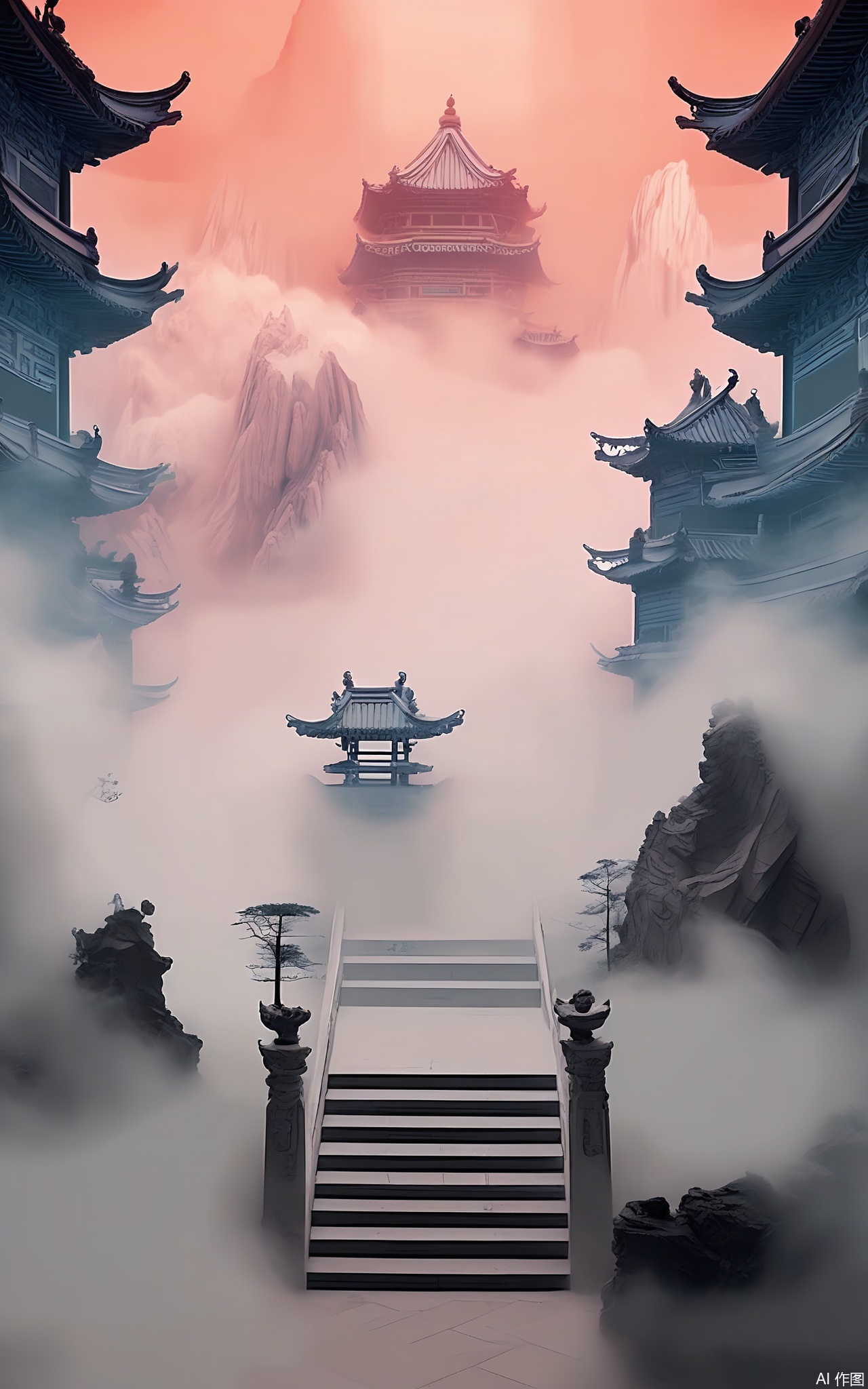 GFXJ, A photograph of a mystical Chinese cloud - covered peak at dawn, featuring a majestic, intricately carved stone temple with gray and gold details. The temple sits atop the peak, surrounded by swirling clouds and mist, with a stone staircase winding up to it. The sky is a mix of soft pink and light blue, with a faint outline of other peaks in the distance. The scene is filled with a sense of awe - inspiring grandeur and spiritual tranquility.


