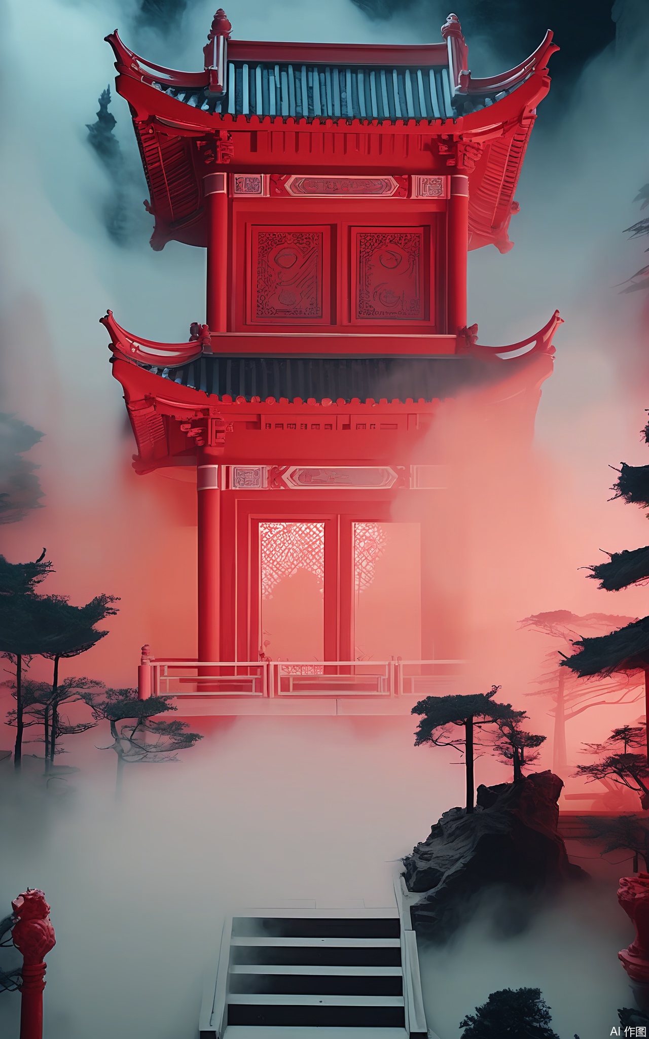GFXJ, A photograph of a mystical Chinese mountain temple at dawn, showcasing a grand, intricately decorated altar with red and gold carvings. The altar is inside the temple, which is surrounded by mist and tall pine trees, with incense smoke rising into the air. The sky is a mix of soft pink and light gray, with a faint silhouette of the temple's roof against the morning light. The atmosphere is one of sacred reverence and ancient spirituality.

