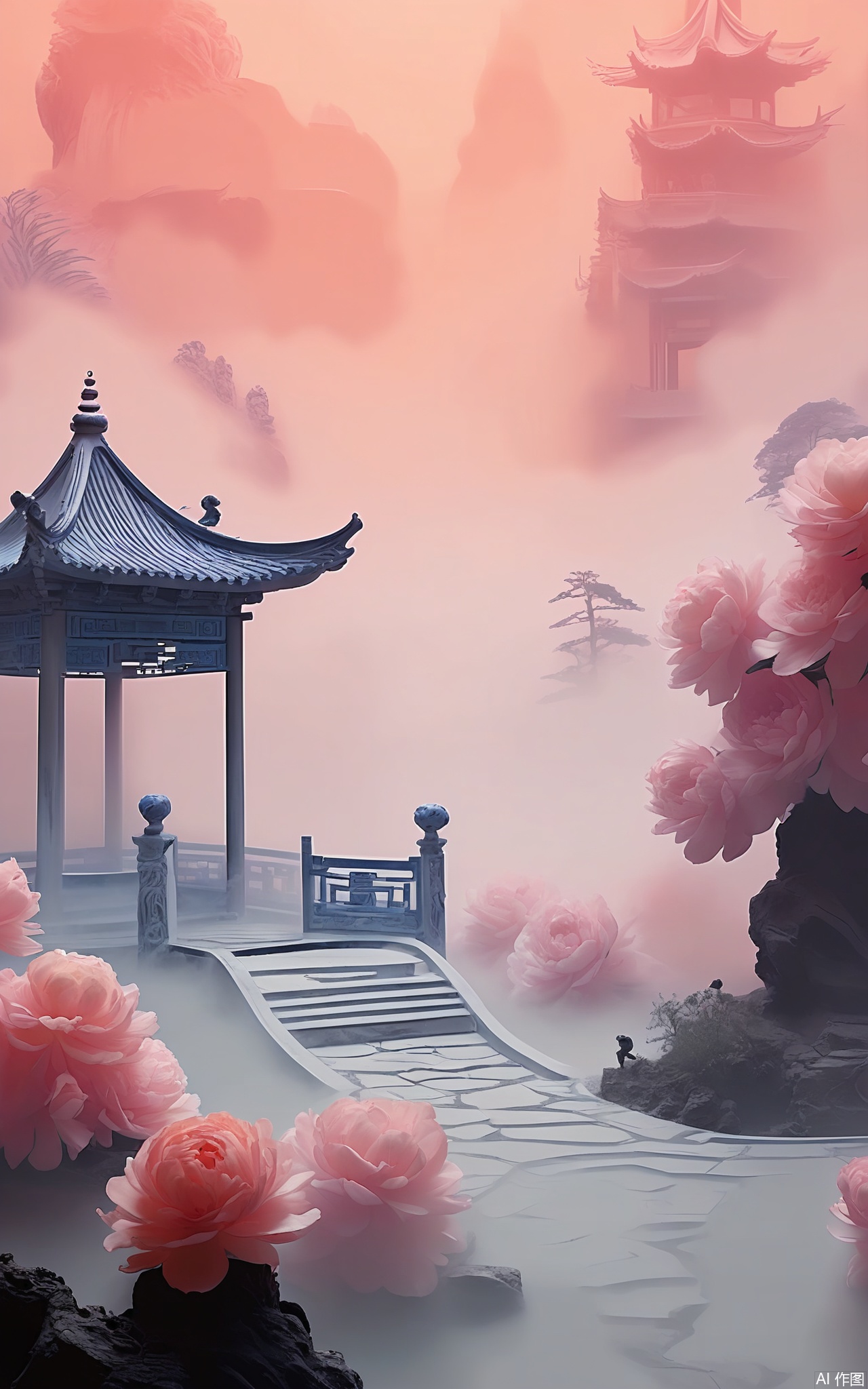 GFXJ, A photograph of a secluded Chinese fairyland garden at dawn, showcasing a magnificent, elaborately carved pavilion with blue and silver accents. The pavilion is enveloped in soft morning mist and surrounded by blooming peonies, with a winding stone path leading towards it. The sky is a blend of lavender and soft gold tones, with a distant silhouette of a willow tree swaying gently. The scene exudes a peaceful and otherworldly charm, filled with an air of timeless elegance and serenity.

