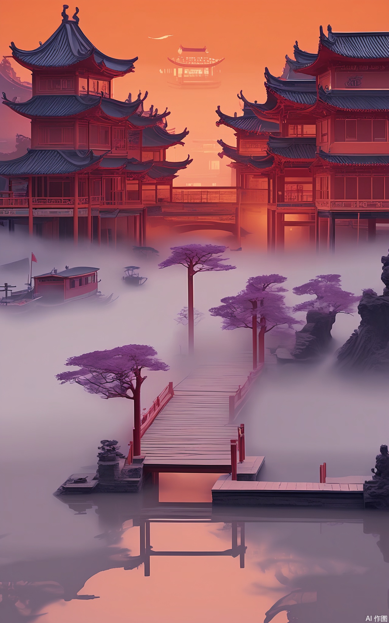 GFXJ, A photograph of a charming Chinese water village at twilight, showcasing a picturesque, wooden bridge with red and black accents. The bridge crosses over a winding canal, with traditional boats floating by and ancient houses lining the banks. The sky is a gradient of deep orange and purple, with a faint reflection of the setting sun in the water. The atmosphere is one of peaceful coexistence with nature and time - honored traditions.

