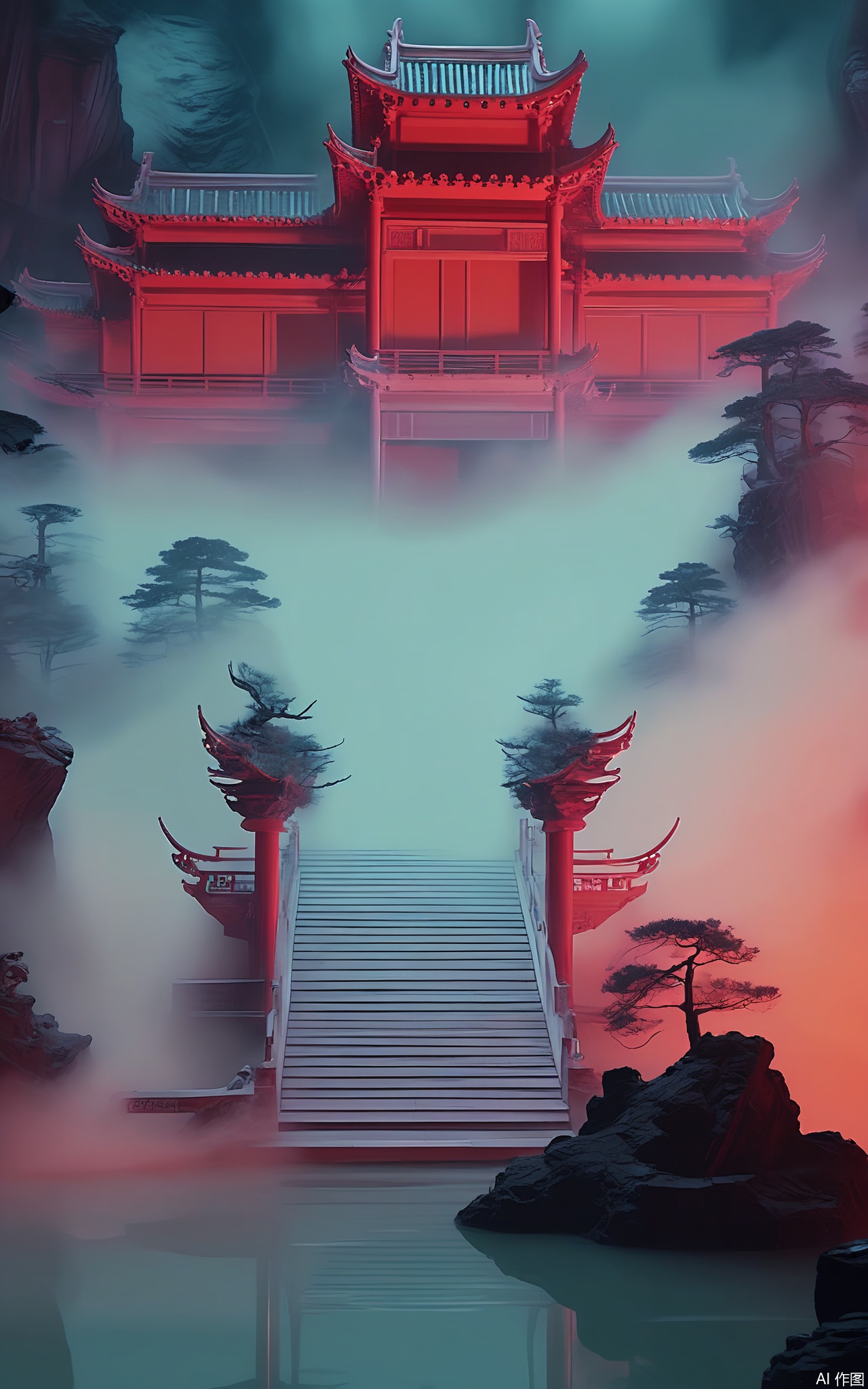 GFXJ, A photograph of a mystical Chinese mountain retreat at twilight, highlighting a stunning, ornate bridge with green and bronze decorations. The bridge spans over a shimmering lake, with mist rising from the water and ancient pine trees framing the scene. The sky is a canvas of deep purple and fiery red, with a faint outline of a hermit's hut nestled among the cliffs. The atmosphere is one of profound tranquility and ancient wisdom.

