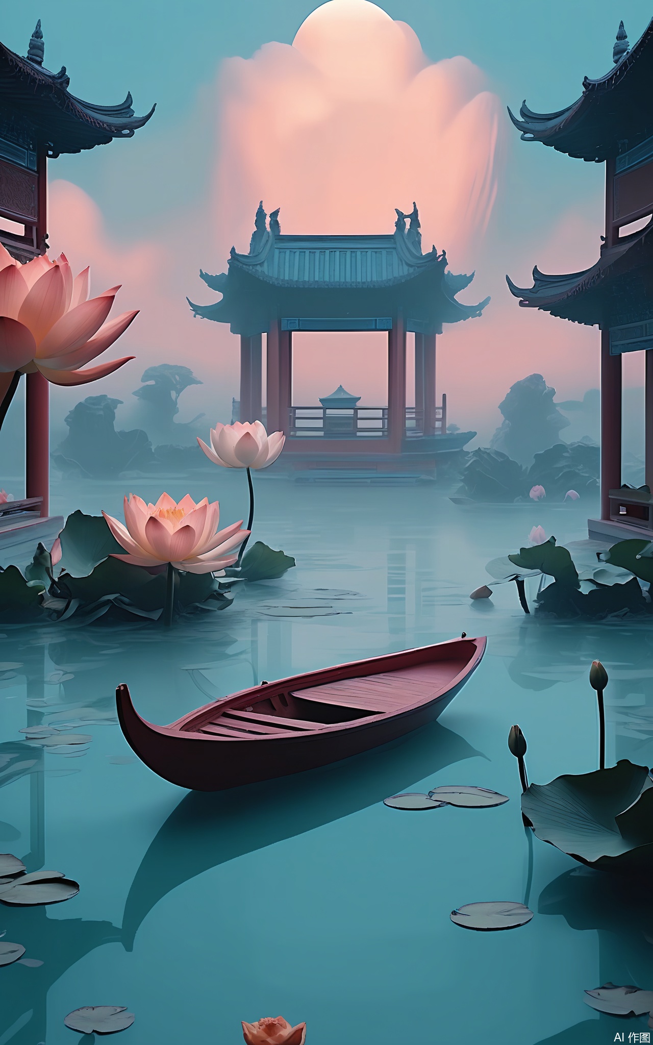GFXJ, A photograph of an enchanting Chinese lotus pond at sunrise, showcasing a graceful, elaborately painted boat with pink and white lotus motifs. The boat floats gently on the calm water, surrounded by blooming lotus flowers and lily pads. The sky is a gradient of soft peach and pale blue, with a faint reflection of a nearby pavilion in the water. The ambiance is one of pure serenity and delicate grace.

