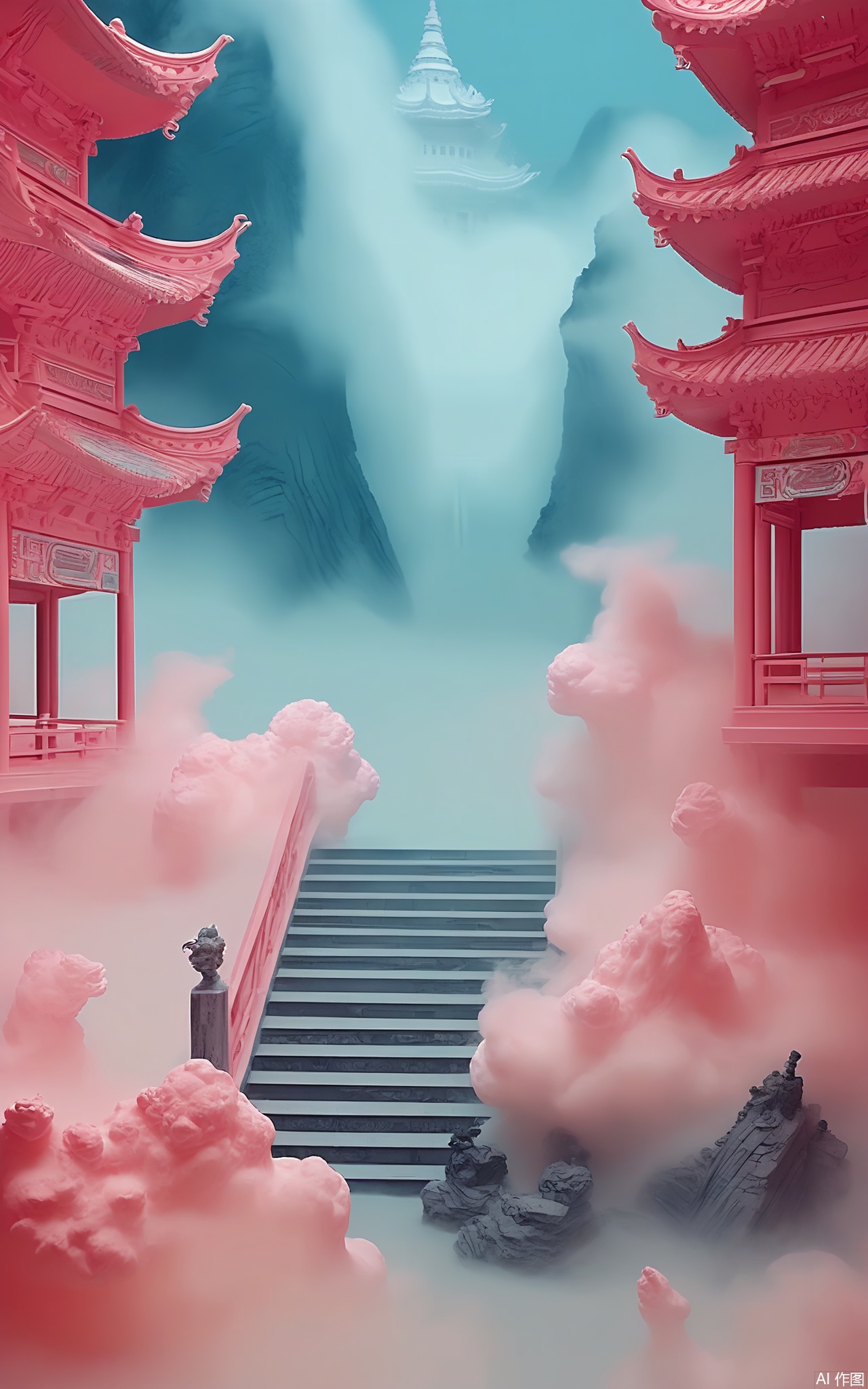 GFXJ, A photograph of a mystical Chinese cloud - covered peak at dawn, featuring a majestic, intricately carved stone temple with gray and gold details. The temple sits atop the peak, surrounded by swirling clouds and mist, with a stone staircase winding up to it. The sky is a mix of soft pink and light blue, with a faint outline of other peaks in the distance. The scene is filled with a sense of awe - inspiring grandeur and spiritual tranquility.

