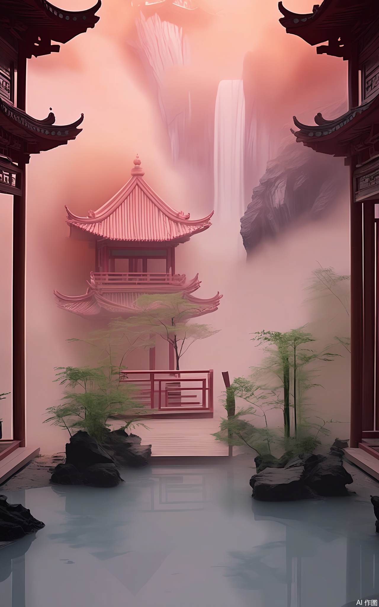 GFXJ, A photograph of a magical Chinese bamboo - shrouded valley at sunrise, highlighting a secluded, wooden hermitage with natural brown and green hues. The hermitage is hidden among the bamboo, with a small stream flowing nearby and mist rising from the valley floor. The sky is a mix of soft yellow and light purple, with a faint outline of a waterfall in the background. The ambiance is one of deep solitude and natural harmony.

