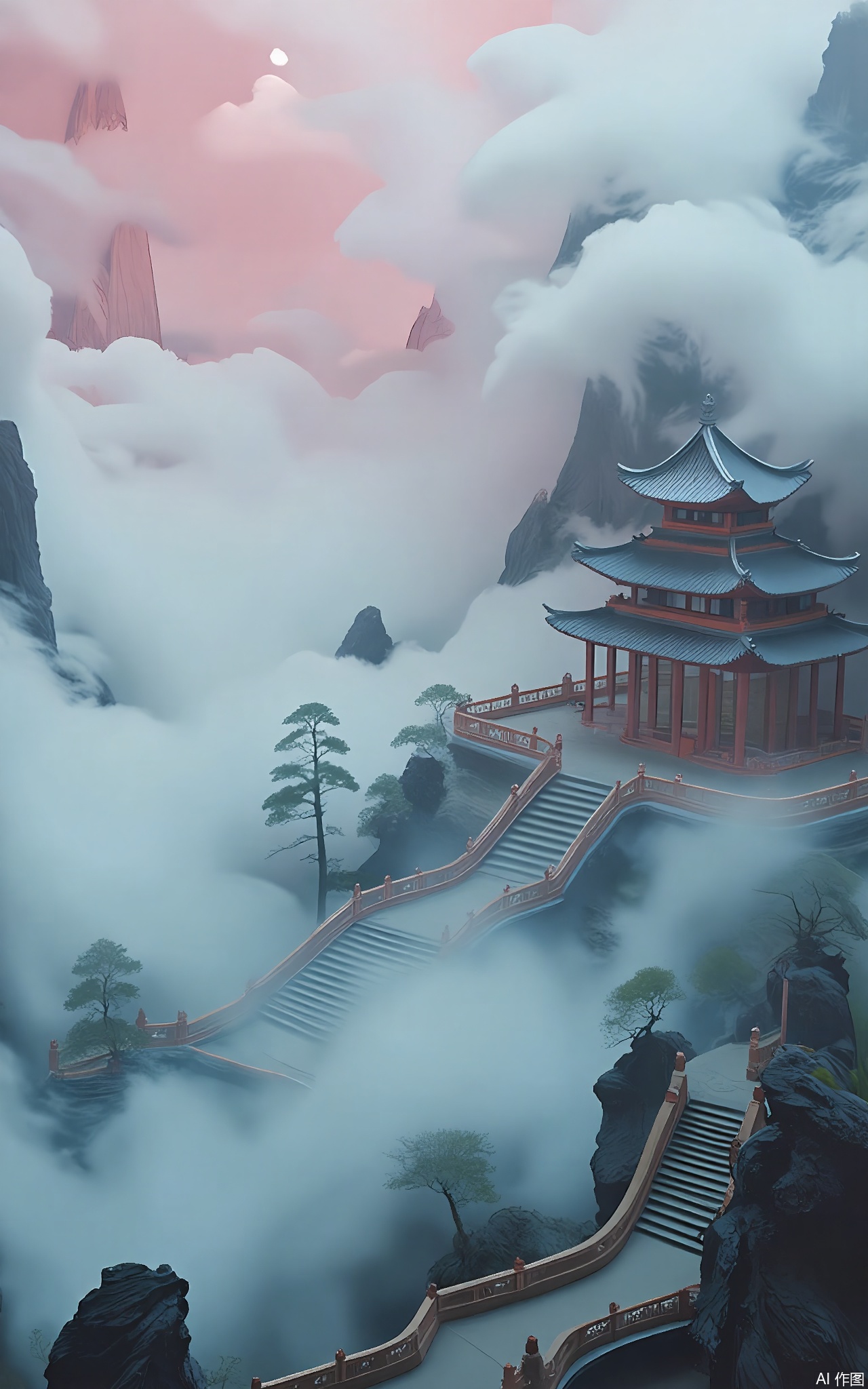 GFXJ, A photograph of a mystical Chinese cloud - covered peak at dawn, featuring a majestic, intricately carved stone temple with gray and gold details. The temple sits atop the peak, surrounded by swirling clouds and mist, with a stone staircase winding up to it. The sky is a mix of soft pink and light blue, with a faint outline of other peaks in the distance. The scene is filled with a sense of awe - inspiring grandeur and spiritual tranquility.

