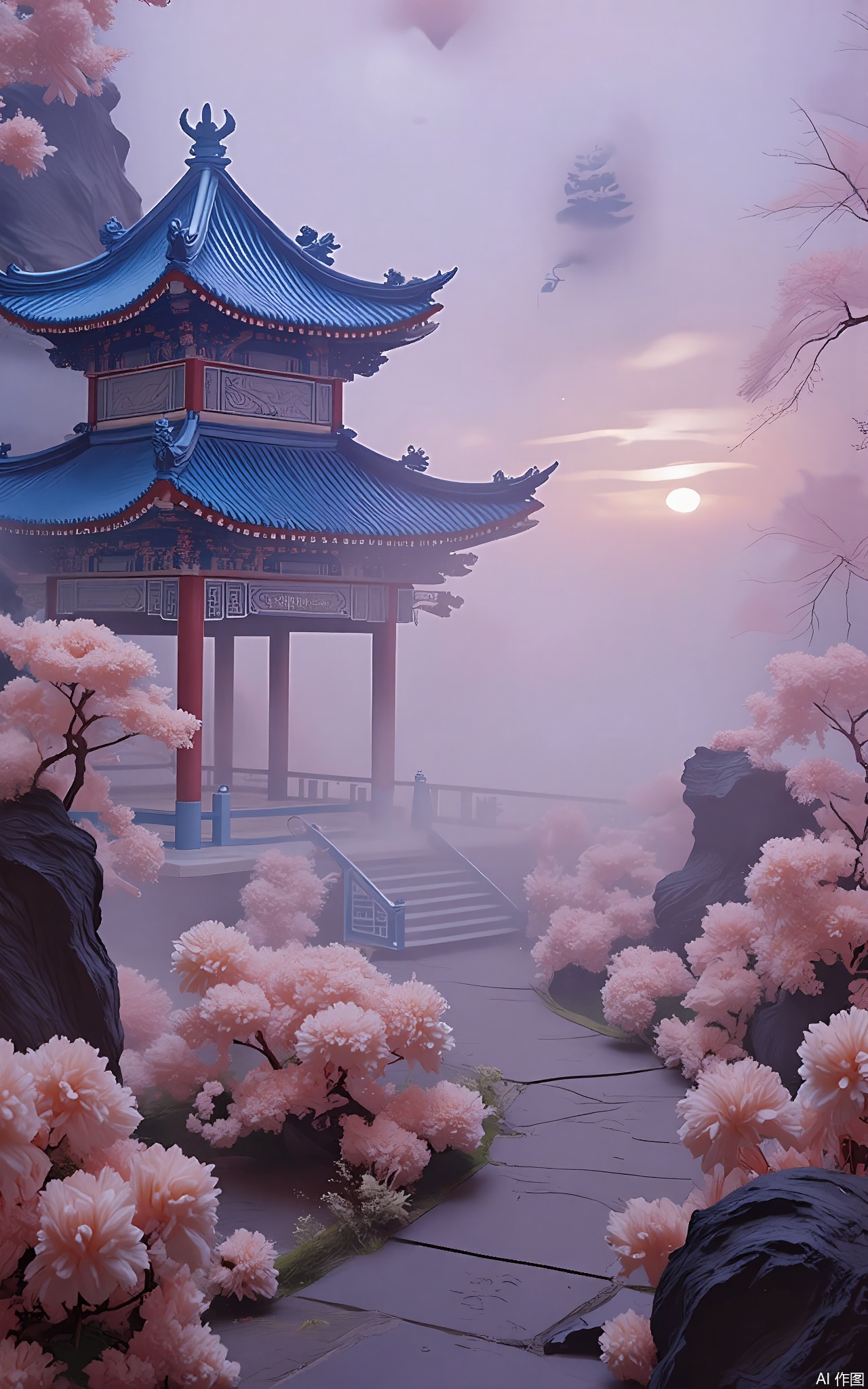 GFXJ, A photograph of a secluded Chinese fairyland garden at dawn, showcasing a magnificent, elaborately carved pavilion with blue and silver accents. The pavilion is enveloped in soft morning mist and surrounded by blooming peonies, with a winding stone path leading towards it. The sky is a blend of lavender and soft gold tones, with a distant silhouette of a willow tree swaying gently. The scene exudes a peaceful and otherworldly charm, filled with an air of timeless elegance and serenity.

