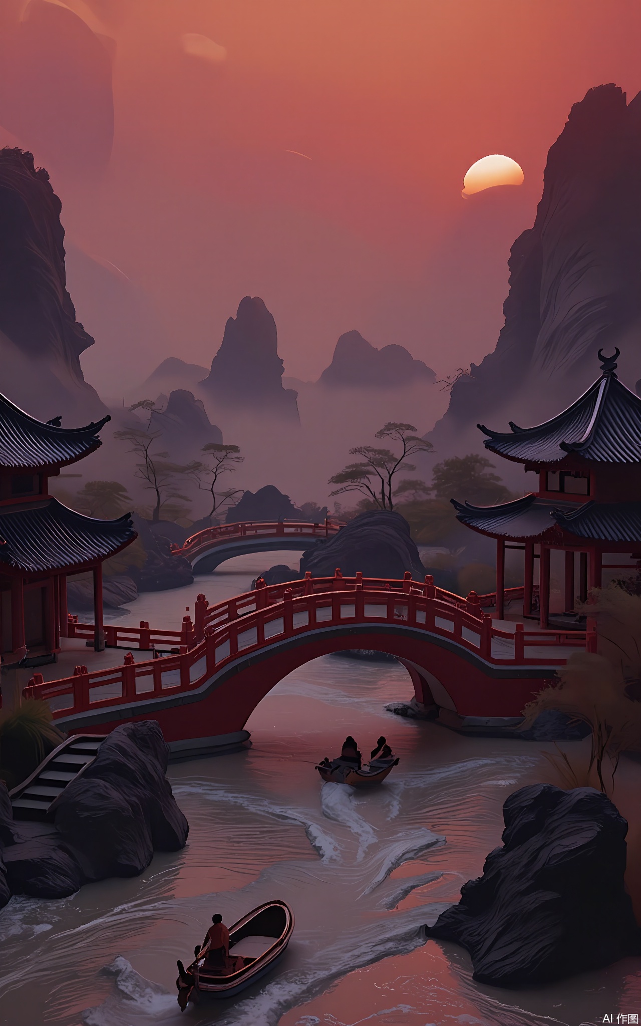 GFXJ, A photograph of a charming Chinese water village at twilight, showcasing a picturesque, wooden bridge with red and black accents. The bridge crosses over a winding canal, with traditional boats floating by and ancient houses lining the banks. The sky is a gradient of deep orange and purple, with a faint reflection of the setting sun in the water. The atmosphere is one of peaceful coexistence with nature and time - honored traditions.


