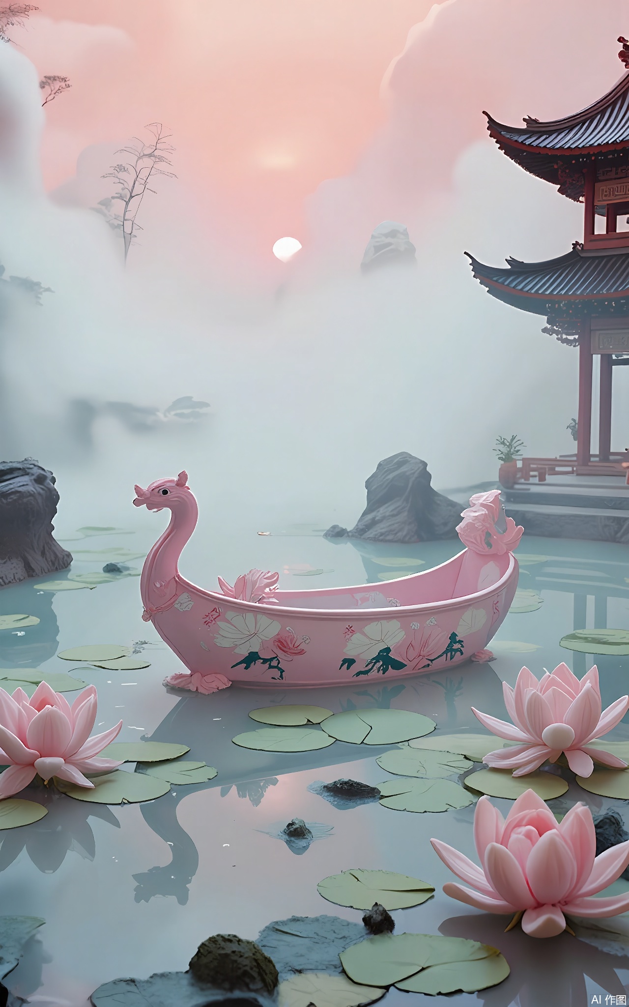 GFXJ, A photograph of an enchanting Chinese lotus pond at sunrise, showcasing a graceful, elaborately painted boat with pink and white lotus motifs. The boat floats gently on the calm water, surrounded by blooming lotus flowers and lily pads. The sky is a gradient of soft peach and pale blue, with a faint reflection of a nearby pavilion in the water. The ambiance is one of pure serenity and delicate grace.

