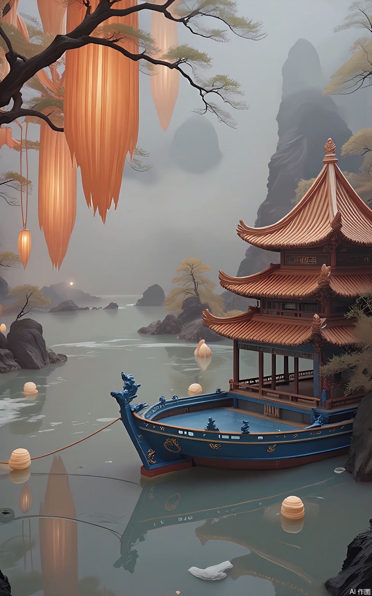 GFXJ, A photograph of a serene Chinese willow - shaded lake at dusk, featuring an elegant, ornate boat with blue and gold decorations. The boat floats on the calm lake, with willow branches hanging over it and paper lanterns lighting up the area. The sky is a gradient of soft orange and soft gray, with a faint reflection of the surrounding scenery in the water. The scene is a picture of peaceful serenity and natural splendor.

