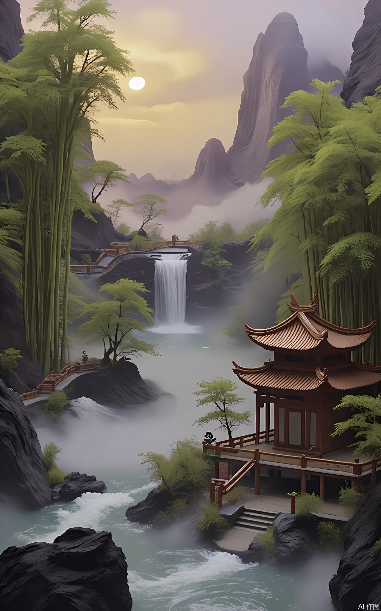 GFXJ, A photograph of a magical Chinese bamboo - shrouded valley at sunrise, highlighting a secluded, wooden hermitage with natural brown and green hues. The hermitage is hidden among the bamboo, with a small stream flowing nearby and mist rising from the valley floor. The sky is a mix of soft yellow and light purple, with a faint outline of a waterfall in the background. The ambiance is one of deep solitude and natural harmony.

