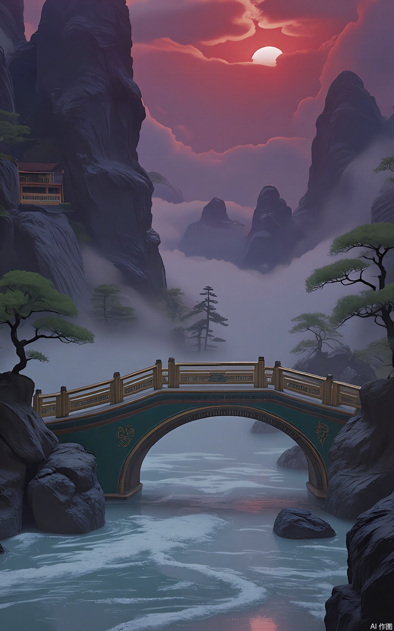 GFXJ, A photograph of a mystical Chinese mountain retreat at twilight, highlighting a stunning, ornate bridge with green and bronze decorations. The bridge spans over a shimmering lake, with mist rising from the water and ancient pine trees framing the scene. The sky is a canvas of deep purple and fiery red, with a faint outline of a hermit's hut nestled among the cliffs. The atmosphere is one of profound tranquility and ancient wisdom.

