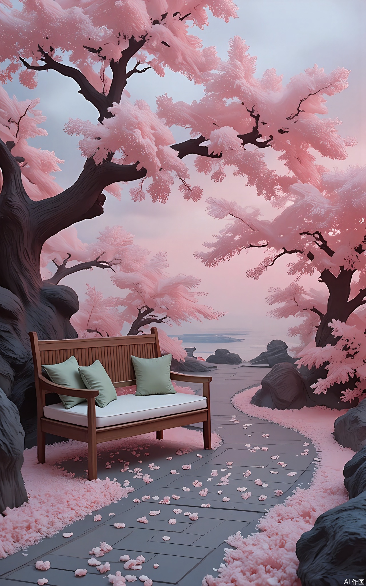 GFXJ, A photograph of an ethereal Chinese plum - tree - lined path at dusk, featuring a quaint, wooden bench with white and green cushions. The bench is placed under the plum trees, with petals falling gently around it. The sky is a mix of soft pink and pale blue, with a distant silhouette of a small temple. The scene evokes a feeling of peaceful contemplation and poetic tranquility.

