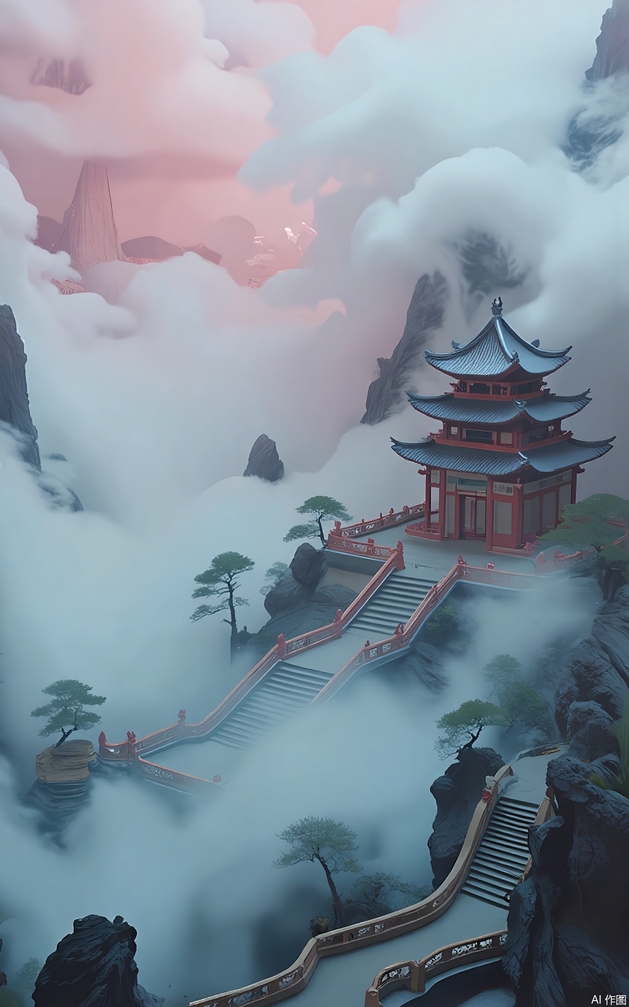 GFXJ, A photograph of a mystical Chinese cloud - covered peak at dawn, featuring a majestic, intricately carved stone temple with gray and gold details. The temple sits atop the peak, surrounded by swirling clouds and mist, with a stone staircase winding up to it. The sky is a mix of soft pink and light blue, with a faint outline of other peaks in the distance. The scene is filled with a sense of awe - inspiring grandeur and spiritual tranquility.


