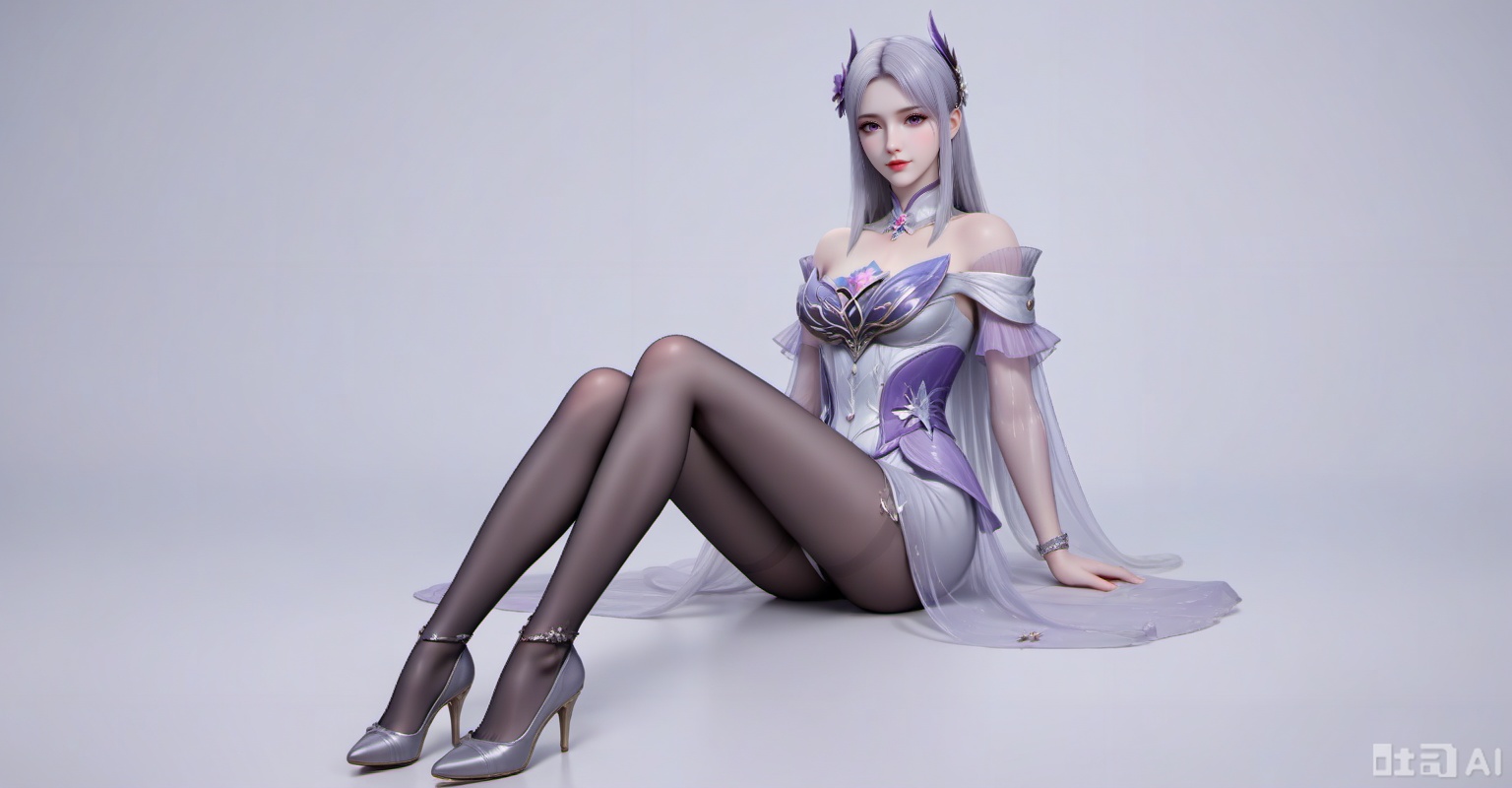 Close-up details,outstanding style,adding a touch of dimension to your images without compromising details,whirls of vapor,iridescent textures,(Anime:1.1),soft neon light,ethereal ambiance,delicate details,magical atmosphere,concept art,highly detailed,ultra-high resolution,32K UHD,sharp focus,best-quality,masterpiece,golden hour,unconventional supreme masterpiece,masterful details,temperate atmosphere,with a high-end texture,in the style of fashion photography,cover,Dynamic Angle,Dynamic posture,xiaoyixian, 1girl, long hair, hair ornament, solo, dress, pantyhose, high heels, sitting, full body, bare shoulders, white dress, looking at viewer, grey hair, purple eyes,1