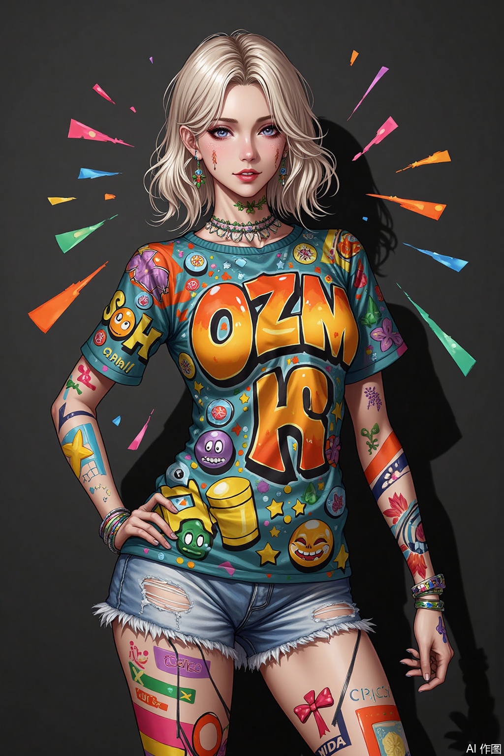 A girl with tshrt,Chaotic graffiti,Chaotic graffiti on clothes,mature body,woman,young woman,
