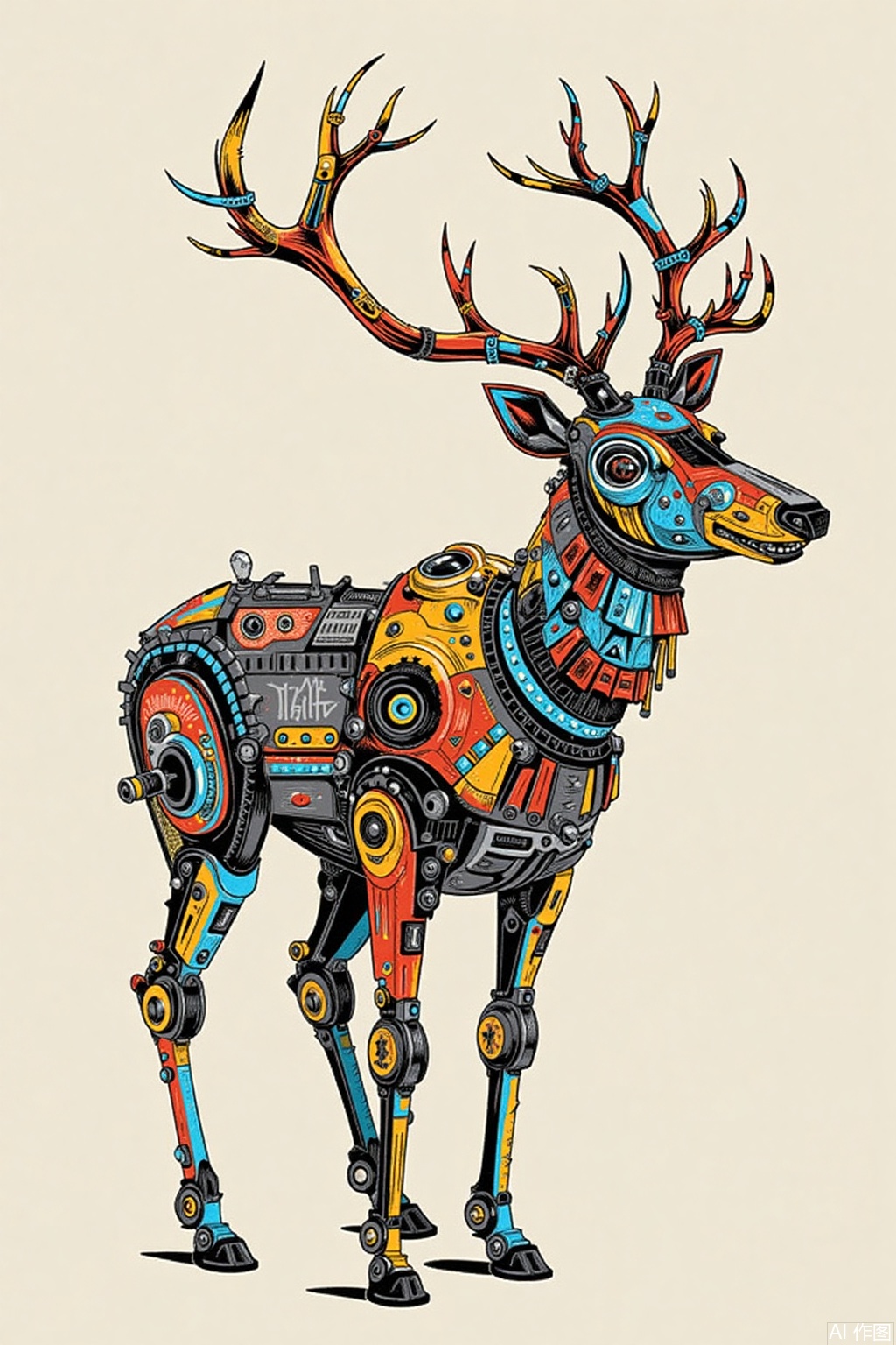 A mechanized deer body,Chaotic graffiti