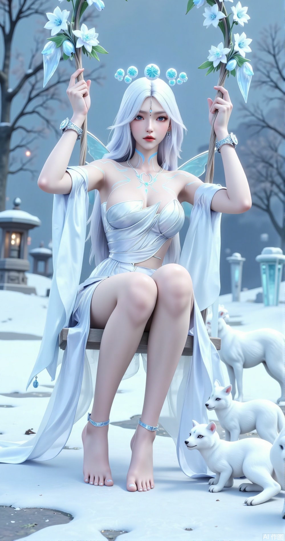 In a pure garden blanketed in snow, a lone girl with white hair sits on a swing woven from white snowdrops and transparent ice crystal flowers, her ice crystal wings glowing with a pure blue light behind her, as if one with the ice garden. She is dressed in a pure white gown woven from silk and lace, adorned with tiny snowflakes and ice crystal patterns, gently swaying with her movements. Her white hair flows like silk, dotted with shimmering snowflakes, adding a touch of ice charm. She wears a necklace of ice crystals and pearls, her wrists adorned with slender silver bracelets, exuding purity and nobility.

Her bare feet step on the soft snow, her ankles adorned with a delicate ice crystal and snowflake anklet, swaying gently with her movements. Her legs bend naturally, revealing long, fair lines. Her posture is light and composed, as if a pure angel in the ice garden.

The garden is filled with the scent of ice, the air filled with the faint fragrance of snowdrops and ice crystals. A few ice crystal sculptures stand quietly around her, as if guarding her purity. A few white snow foxes dart around her, as if bestowing ice blessings.

A gentle breeze sweeps by, lifting her dress and hair, her ice crystal wings gently fluttering, as if dancing with the ice garden wind. Her eyes are clear and serene, gazing into the distance, her lips bearing a subtle smile, as if listening to the ice garden's whispers. The entire scene is filled with ice garden purity and nobility.

