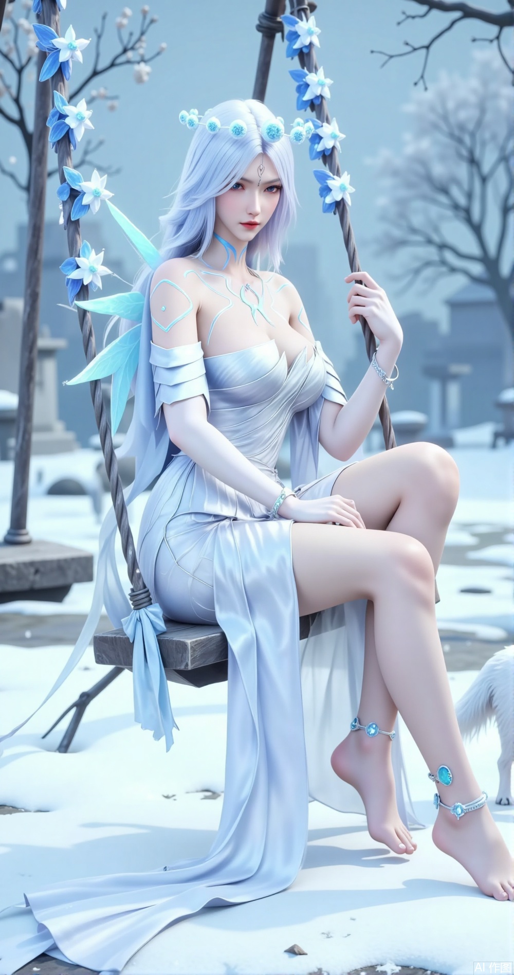 In a pure garden blanketed in snow, a lone girl with white hair sits on a swing woven from white snowdrops and transparent ice crystal flowers, her ice crystal wings glowing with a pure blue light behind her, as if one with the ice garden. She is dressed in a pure white gown woven from silk and lace, adorned with tiny snowflakes and ice crystal patterns, gently swaying with her movements. Her white hair flows like silk, dotted with shimmering snowflakes, adding a touch of ice charm. She wears a necklace of ice crystals and pearls, her wrists adorned with slender silver bracelets, exuding purity and nobility.

Her bare feet step on the soft snow, her ankles adorned with a delicate ice crystal and snowflake anklet, swaying gently with her movements. Her legs bend naturally, revealing long, fair lines. Her posture is light and composed, as if a pure angel in the ice garden.

The garden is filled with the scent of ice, the air filled with the faint fragrance of snowdrops and ice crystals. A few ice crystal sculptures stand quietly around her, as if guarding her purity. A few white snow foxes dart around her, as if bestowing ice blessings.

A gentle breeze sweeps by, lifting her dress and hair, her ice crystal wings gently fluttering, as if dancing with the ice garden wind. Her eyes are clear and serene, gazing into the distance, her lips bearing a subtle smile, as if listening to the ice garden's whispers. The entire scene is filled with ice garden purity and nobility.

