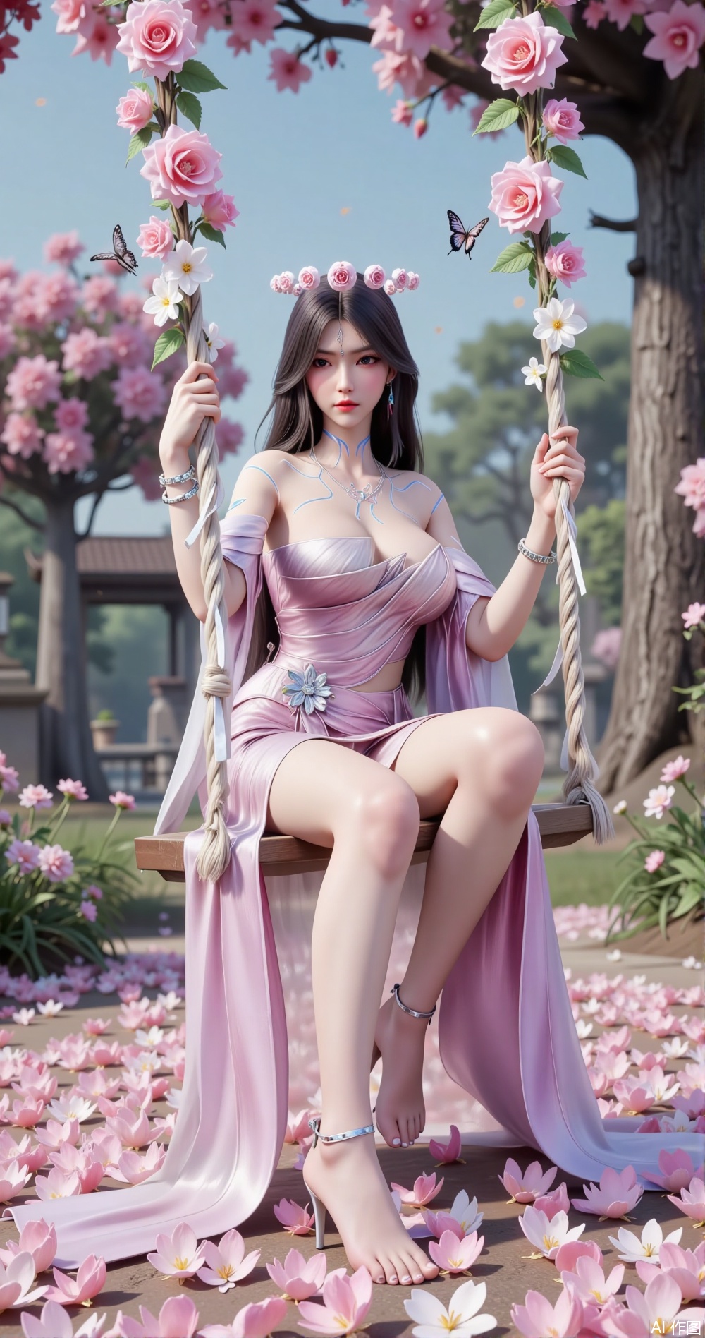 In a dreamlike garden composed of countless flowers, a lone girl sits on a swing woven from pink roses and white jasmine, her movements light and dreamy, as if one with the flower sea. She is dressed in a light pink gown woven from silk and lace, adorned with tiny petal patterns, gently swaying with her movements. Her long black hair flows like silk, dotted with falling rose petals, adding a touch of romantic charm. She wears a necklace of pearls and crystals, her wrists adorned with slender silver bracelets, exuding sweetness and elegance.

Her bare feet step on the soft petals, her ankles adorned with a delicate petal and crystal anklet, swaying gently with her movements. Her legs bend naturally, revealing long, fair lines. Her posture is light and composed, as if a dreamlike figure in the flower sea.

The garden is filled with the scent of flowers, the air filled with the faint fragrance of roses and jasmine. A few tall flower trees stand quietly around her, as if guarding her dream. A few butterflies flutter around her, as if bestowing flower sea blessings.