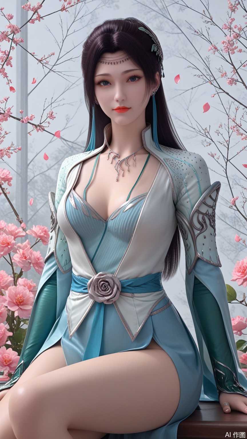 score_9_up,score_8_up,score_7_up, (high definition, Best quality, masterpiece, 4K, exquisite skin), (petal and beam background:1.1), 1girl, big chest, looking at viewer, sitting