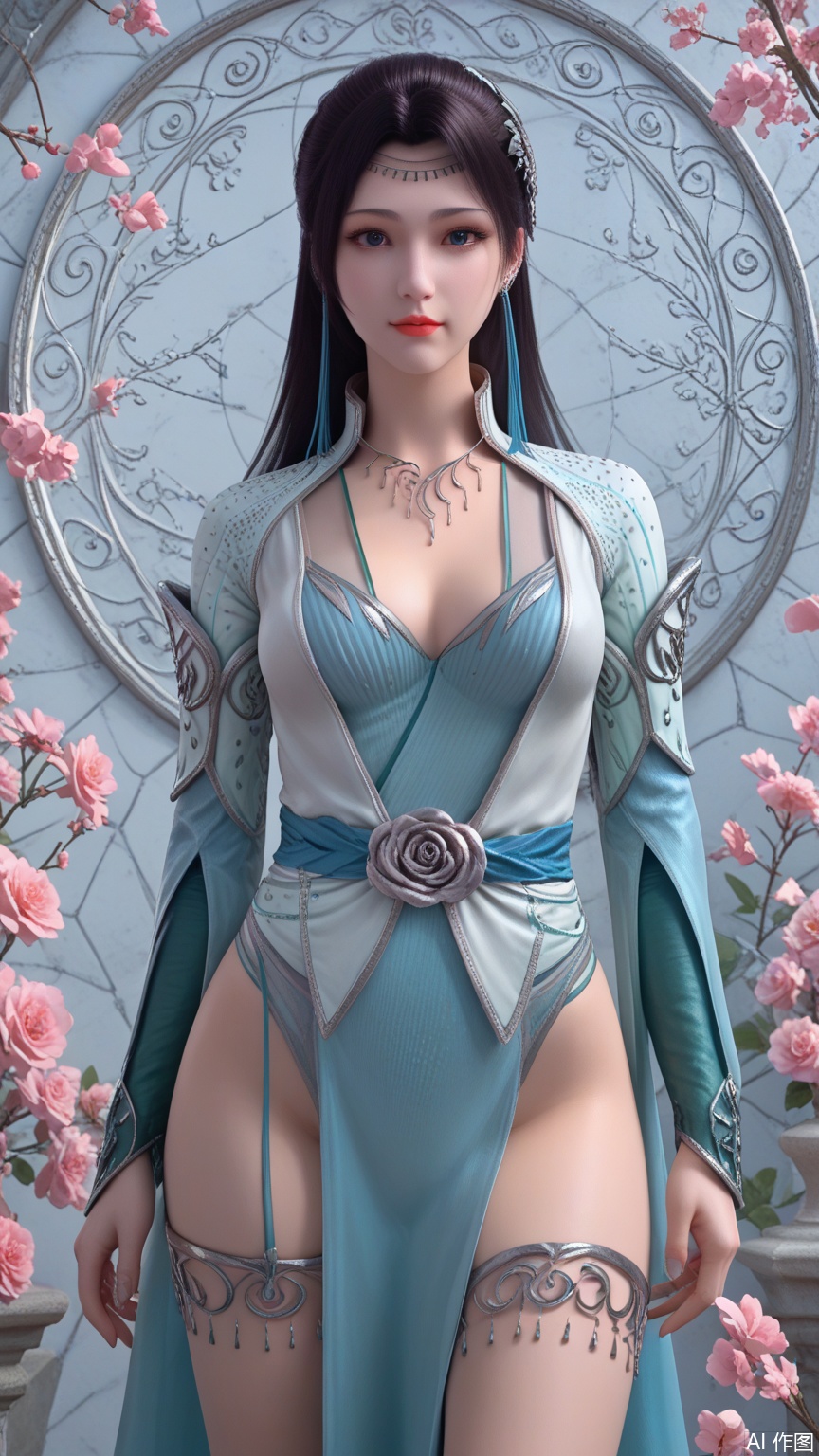 score_9_up,score_8_up,score_7_up, (high definition, Best quality, masterpiece, 4K, exquisite skin), (petal and beam background:1.1), 1girl, big chest, looking at viewer, thighlet, cowboy_shot, 