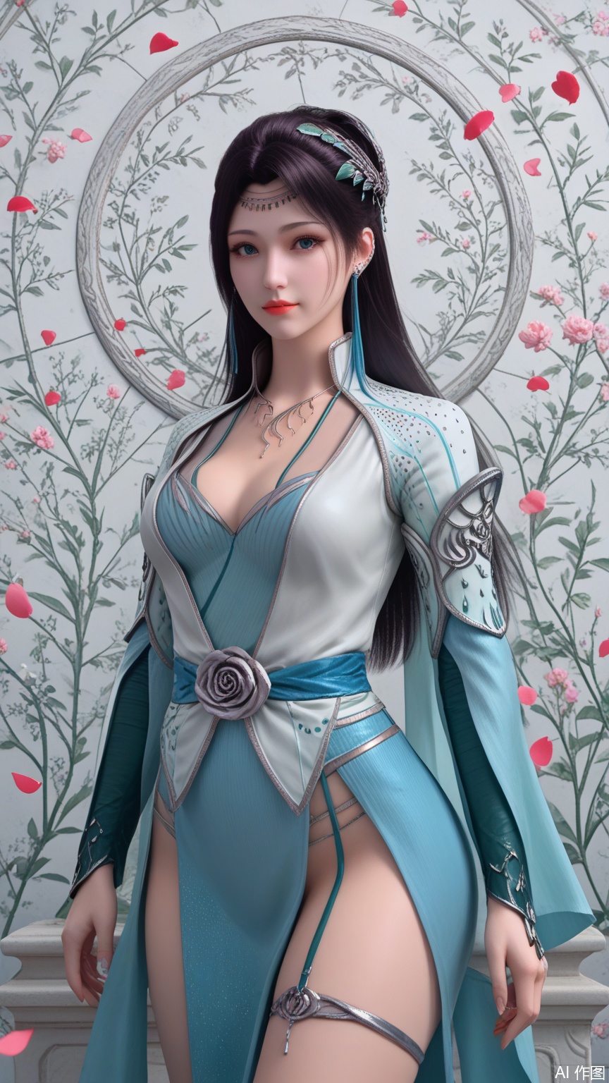 score_9_up,score_8_up,score_7_up, (high definition, Best quality, masterpiece, 4K, exquisite skin), (petal and beam background:1.1), 1girl, big chest, looking at viewer, thighlet, cowboy_shot, 