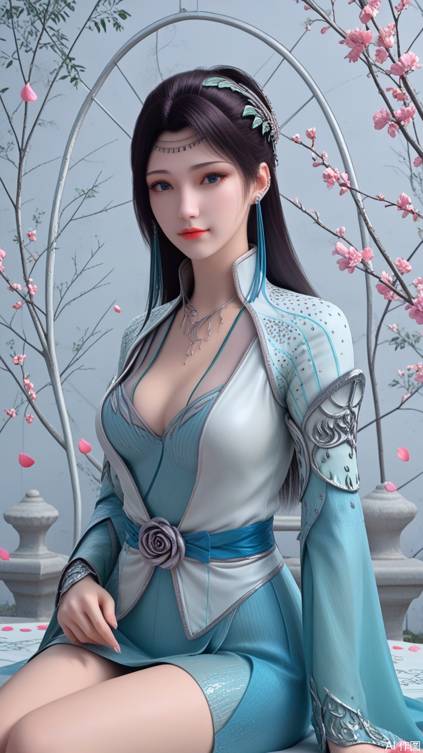 score_9_up,score_8_up,score_7_up, (high definition, Best quality, masterpiece, 4K, exquisite skin), (petal and beam background:1.1), 1girl, big chest, looking at viewer, sitting