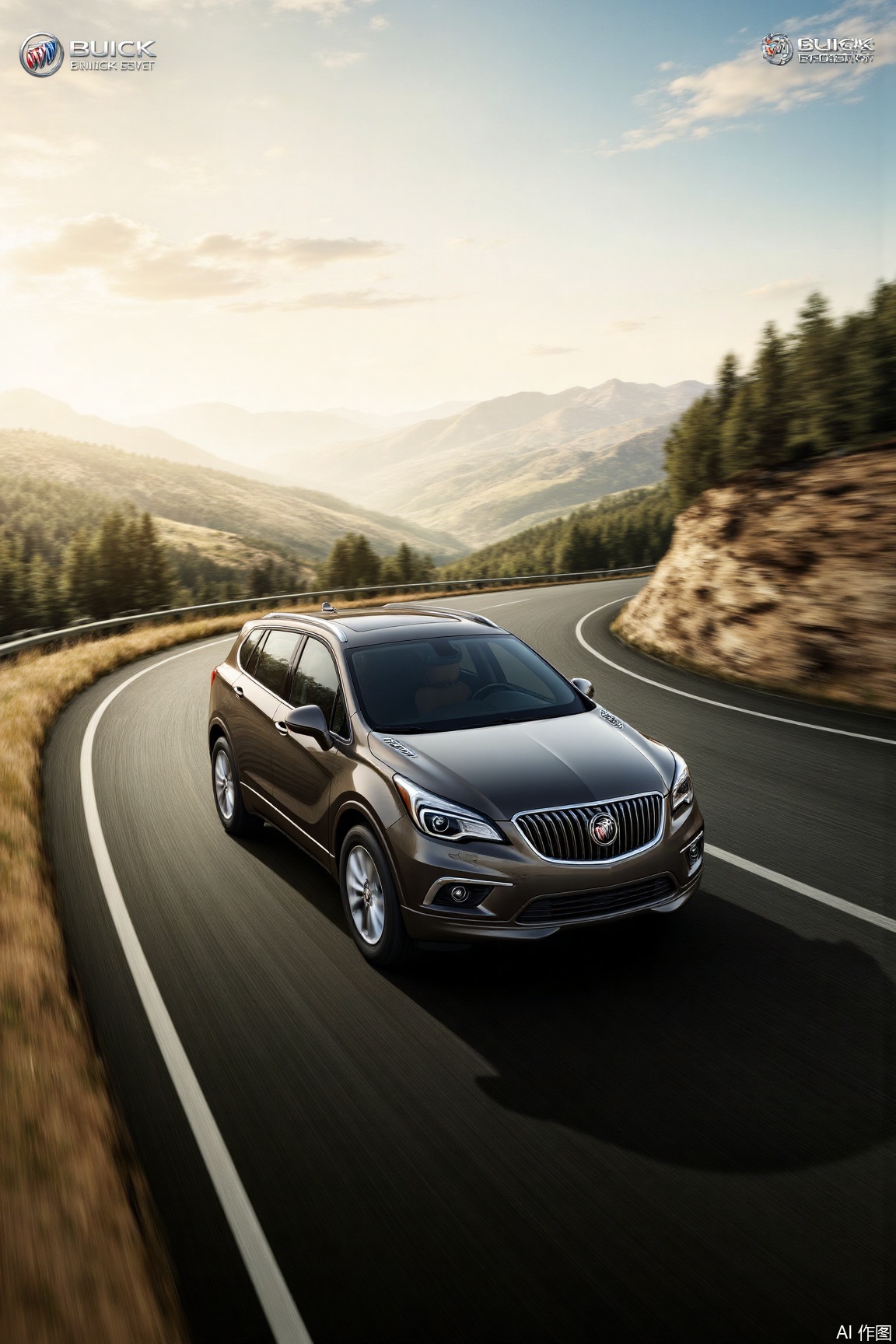 Buick ENVISION SUV, the style is beautiful and artistic. A brand new Buick Envoy car is driving on a winding road in the mountains. The golden light and shadow are soft when the sunset fall. The body is shining with gloss. The background is the magnificent mountains and lush trees in the distance. The atmosphere is romantic and quiet, and the details are exquisitely composed like a movie scene.