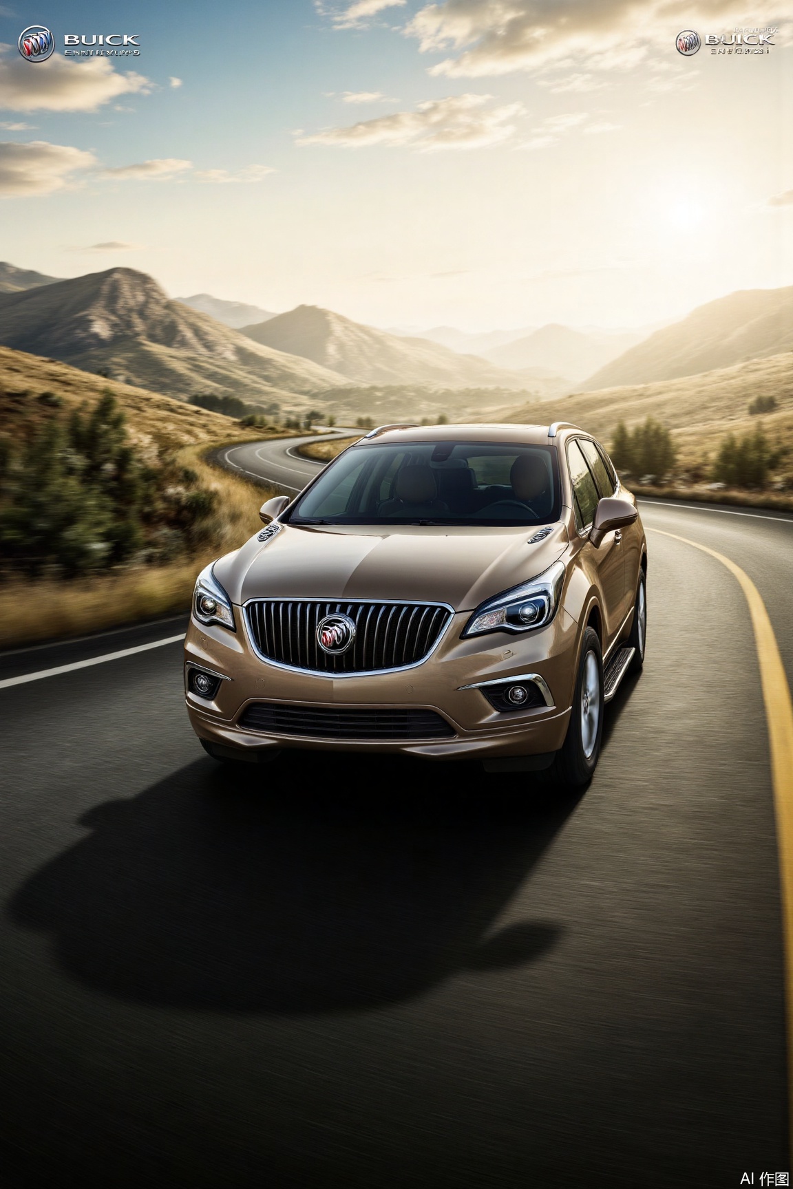 Buick ENVISION SUV, the style is beautiful and artistic. A brand new Buick Envoy car is driving on a winding road in the mountains. The golden light and shadow are soft when the sunset fall. The body is shining with gloss. The background is the magnificent mountains and lush trees in the distance. The atmosphere is romantic and quiet, and the details are exquisitely composed like a movie scene.