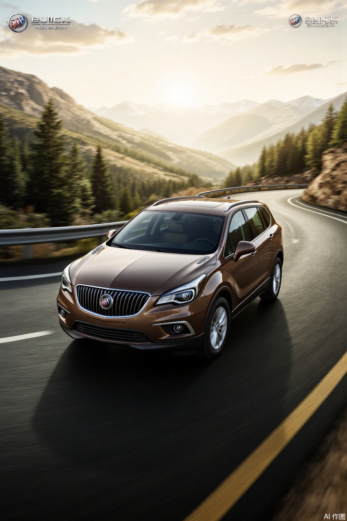 Buick ENVISION SUV, the style is beautiful and artistic. A brand new Buick Envoy car is driving on a winding road in the mountains. The golden light and shadow are soft when the sunset fall. The body is shining with gloss. The background is the magnificent mountains and lush trees in the distance. The atmosphere is romantic and quiet, and the details are exquisitely composed like a movie scene.